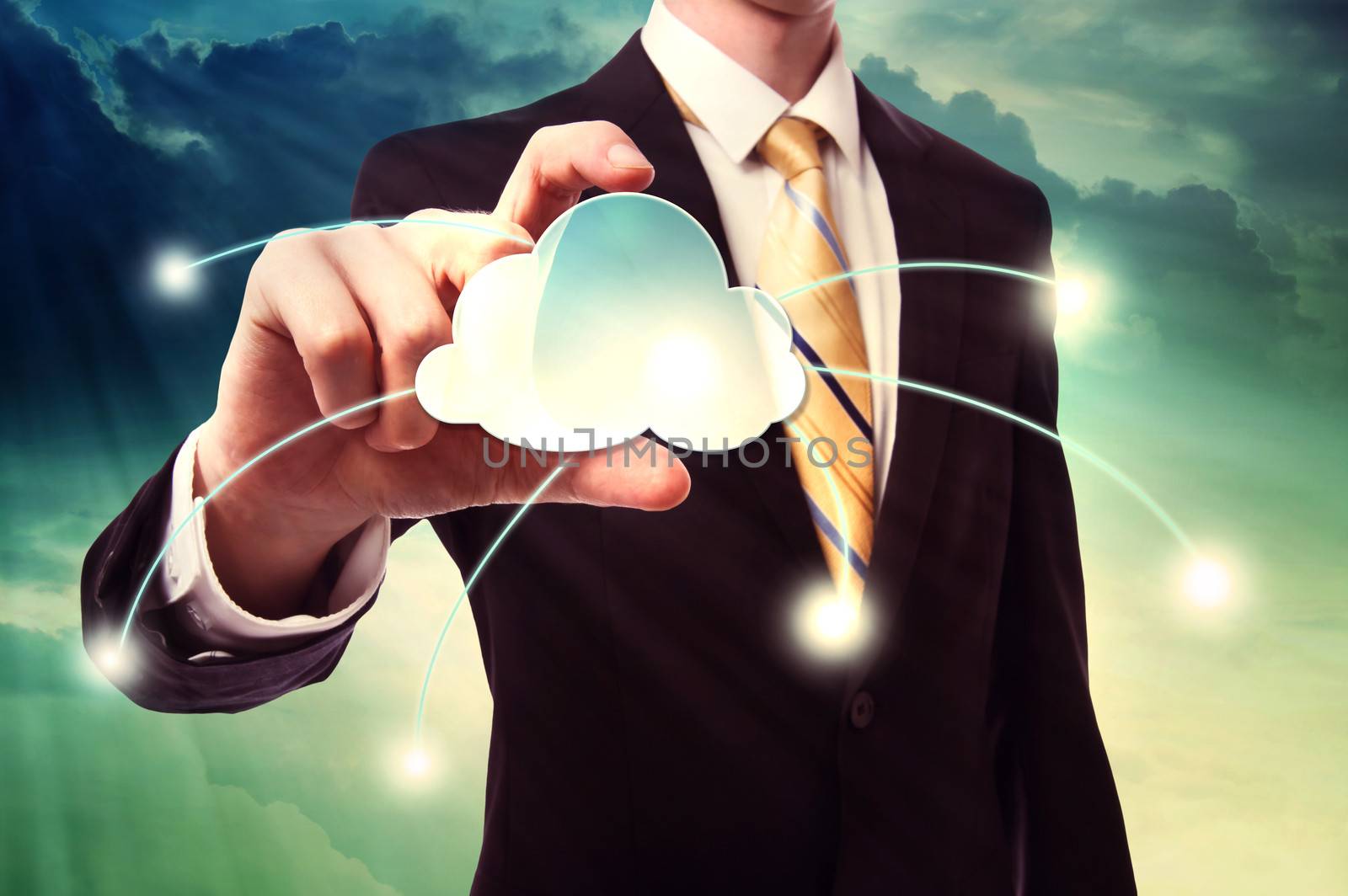 Businesman holding cloud computing icon by melpomene