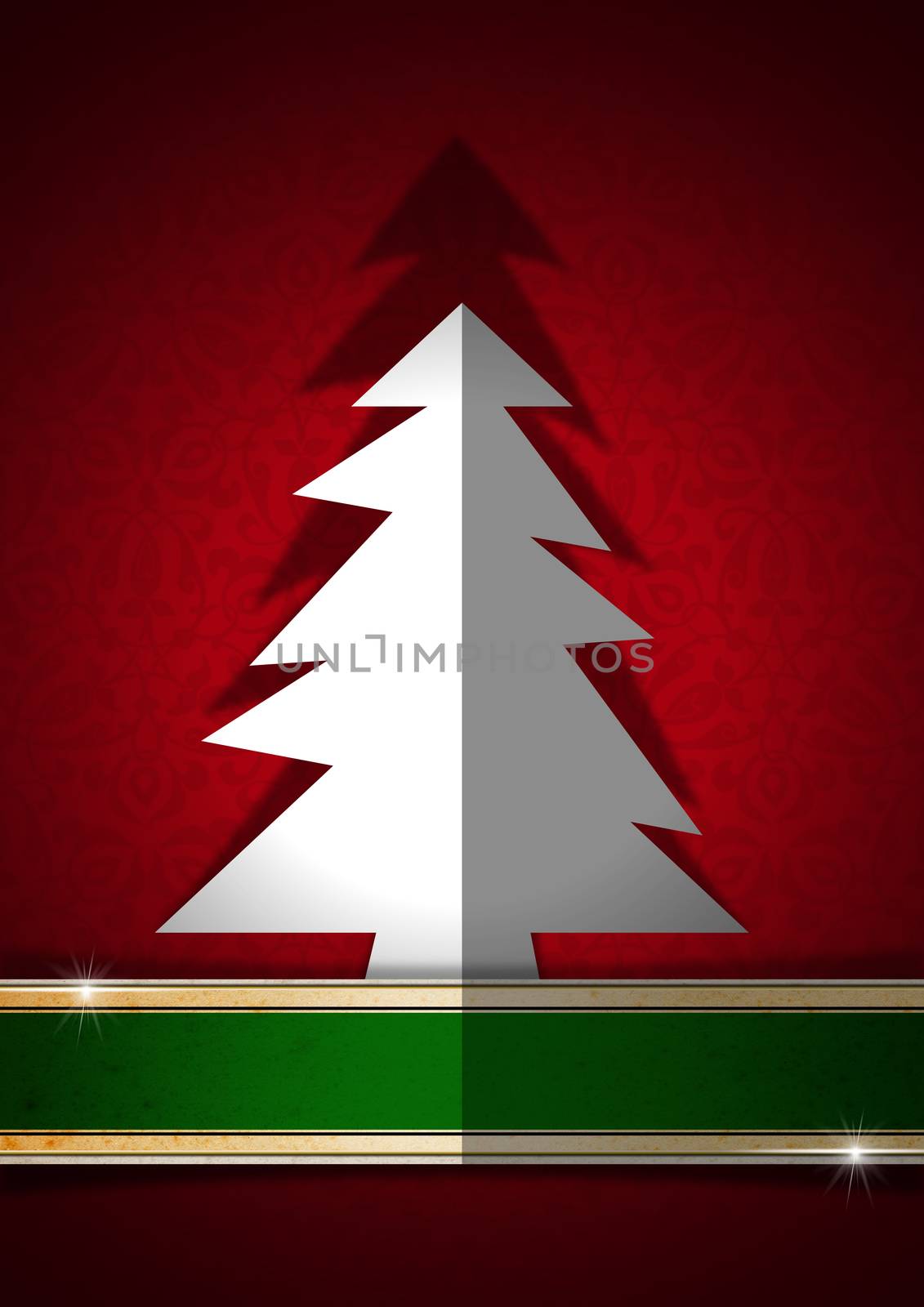 White and stylized Christmas tree on red ornate floral seamless and green plaque

