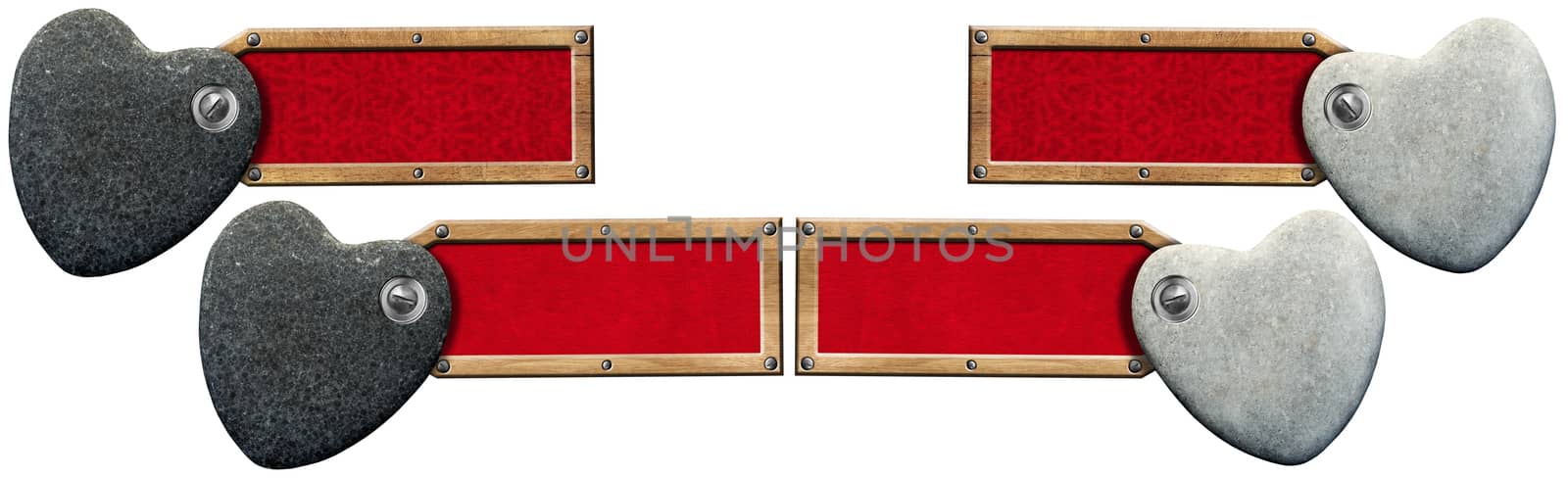 Stones in the shape of heart with wood label with red velvet interior
