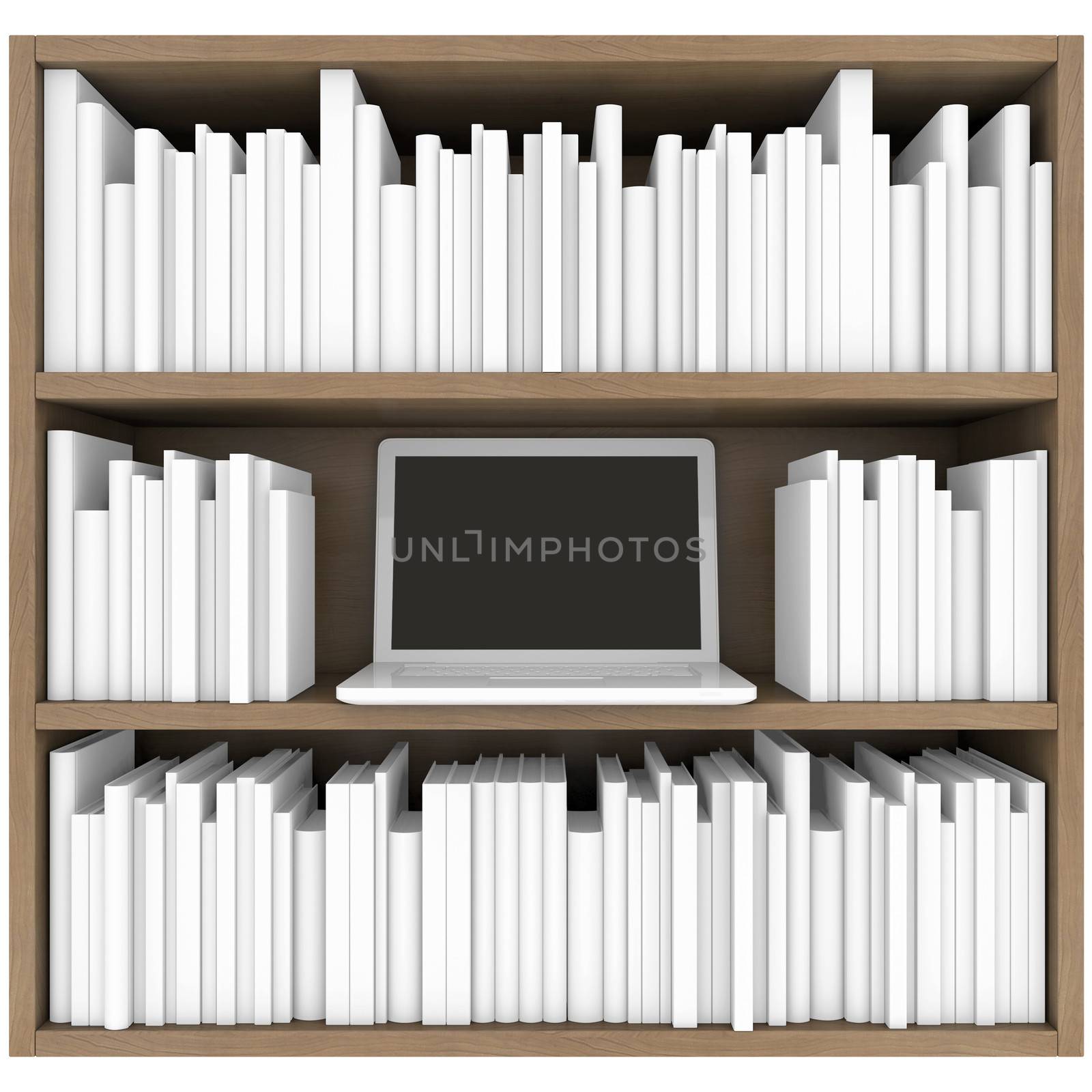 Bookshelf and laptop. 3d render isolated on white background