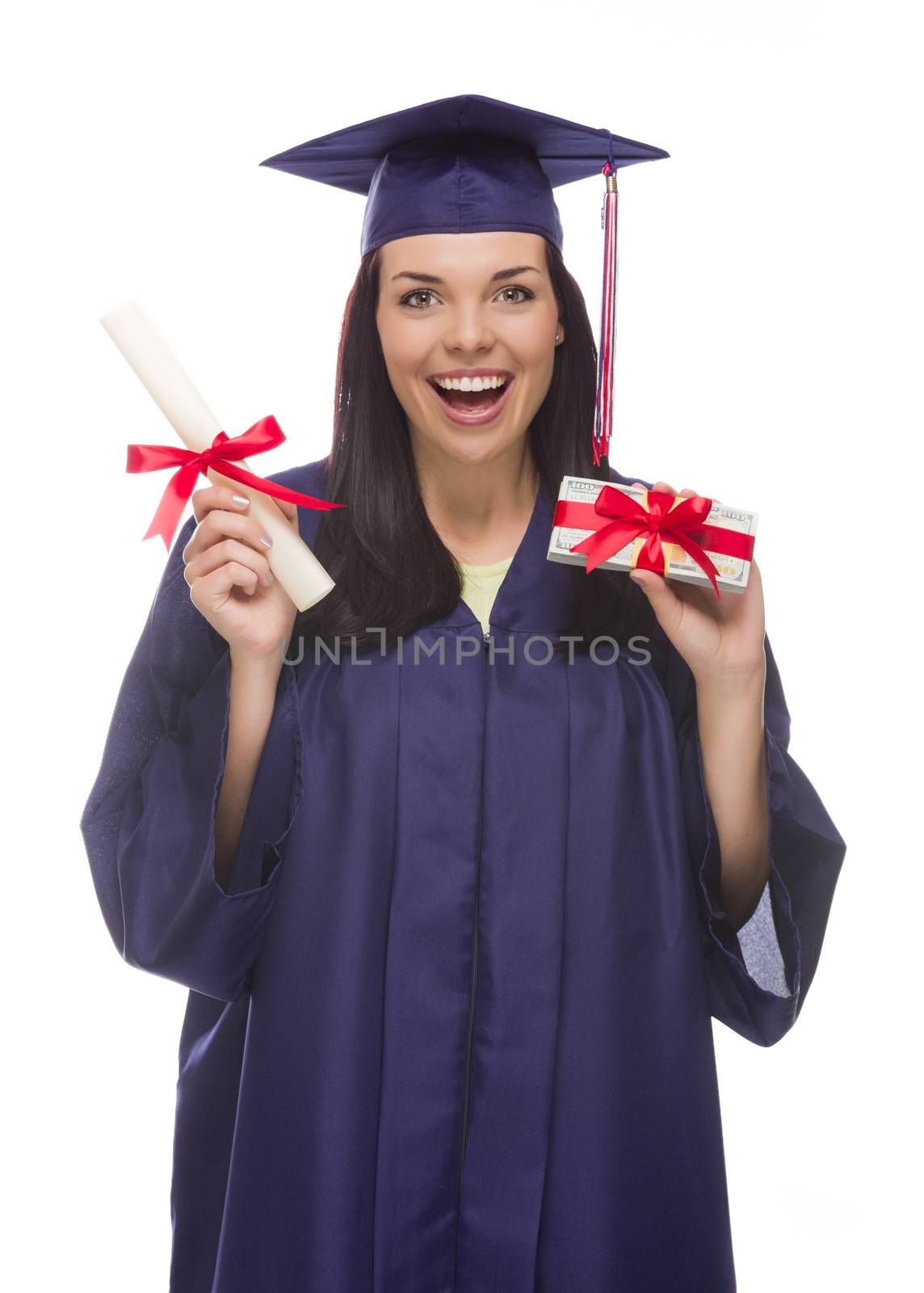 Female Graduate with Diploma and Stack of Gift Wrapped Hundreds by Feverpitched