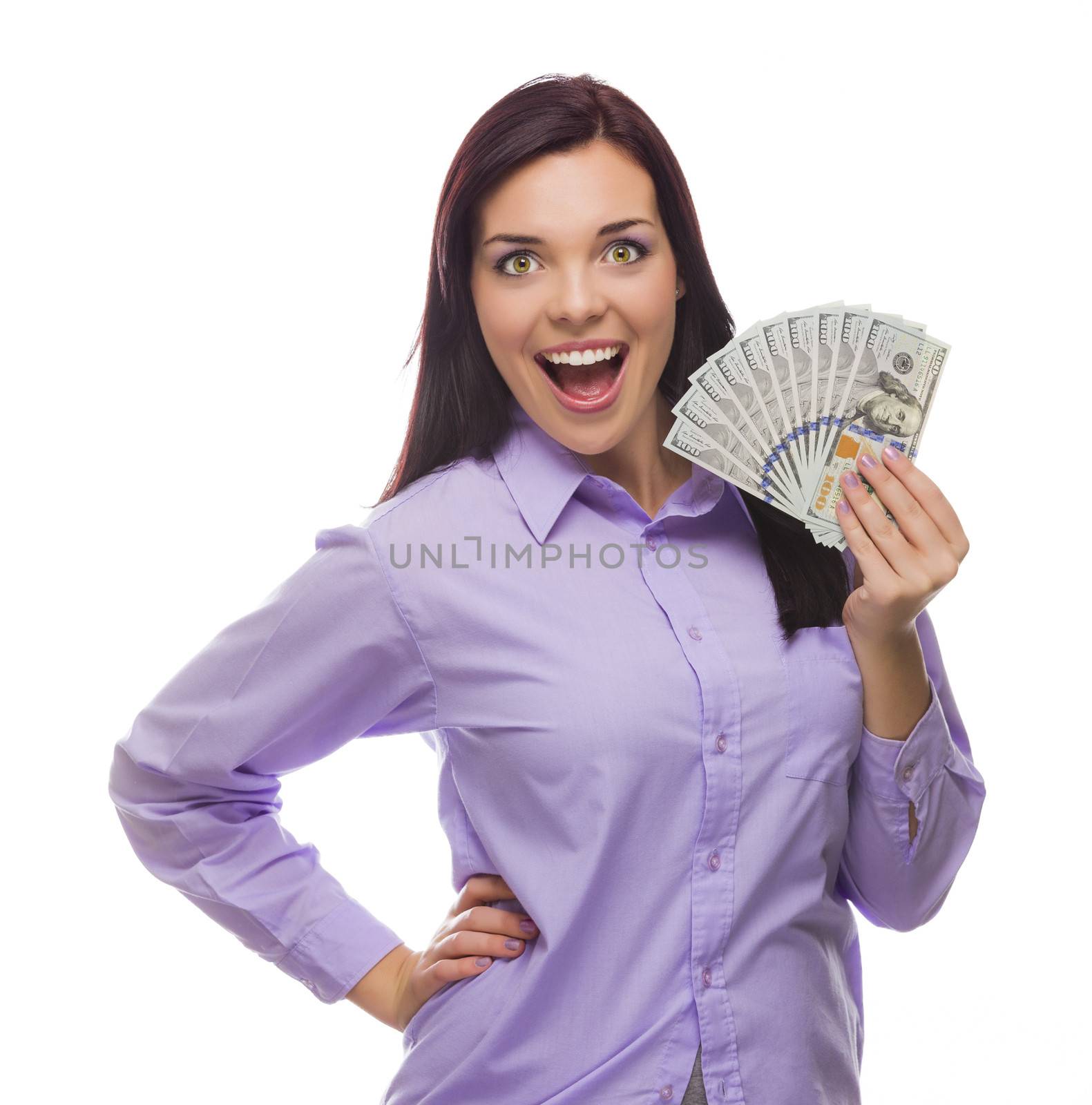 Mixed Race Woman Holding the New One Hundred Dollar Bills by Feverpitched