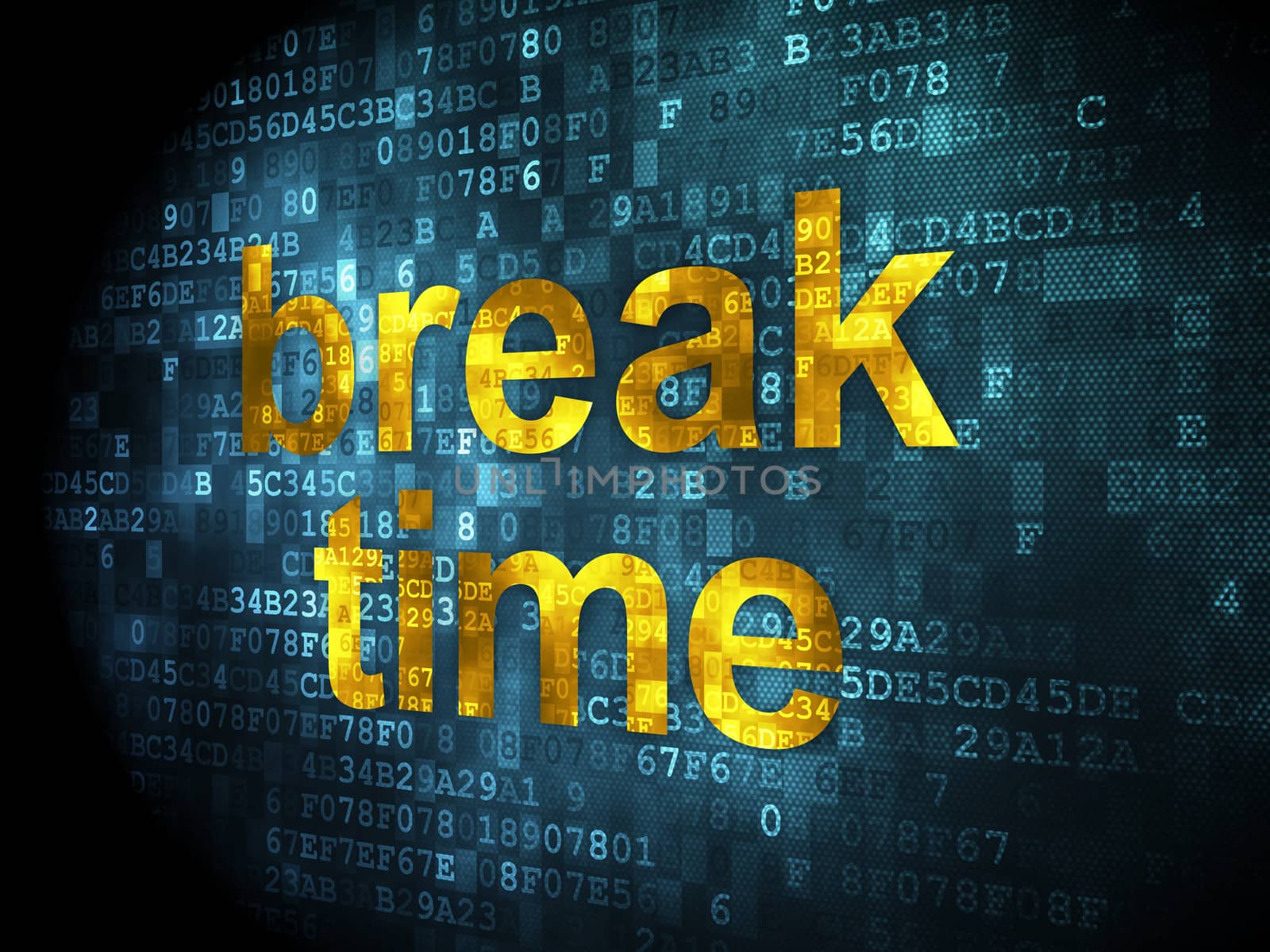 Timeline concept: pixelated words Break Time on digital background, 3d render