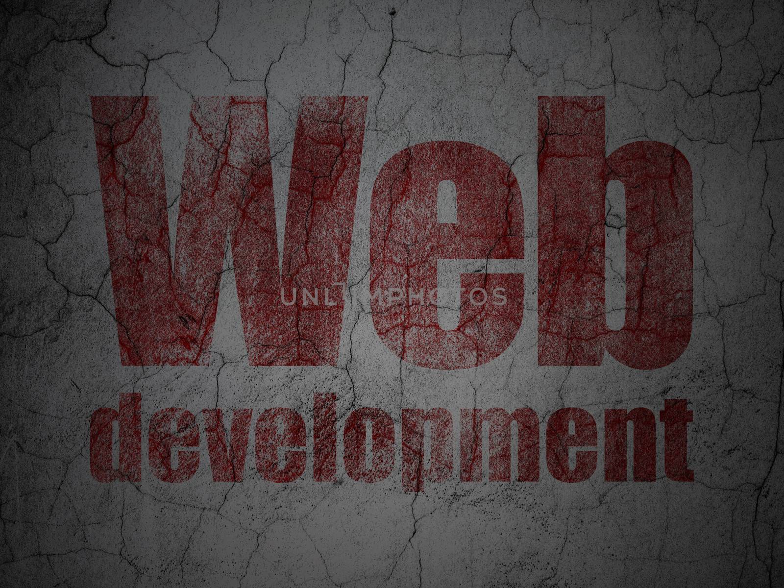 Web development concept: Red Web Development on grunge textured concrete wall background, 3d render