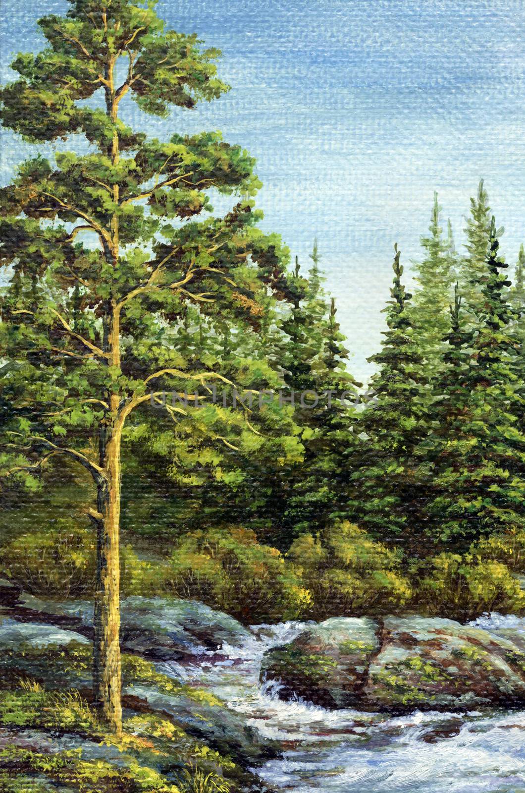 Painting, picture oil paints on a canvas. Landscape, mountain river. Altai, Russia