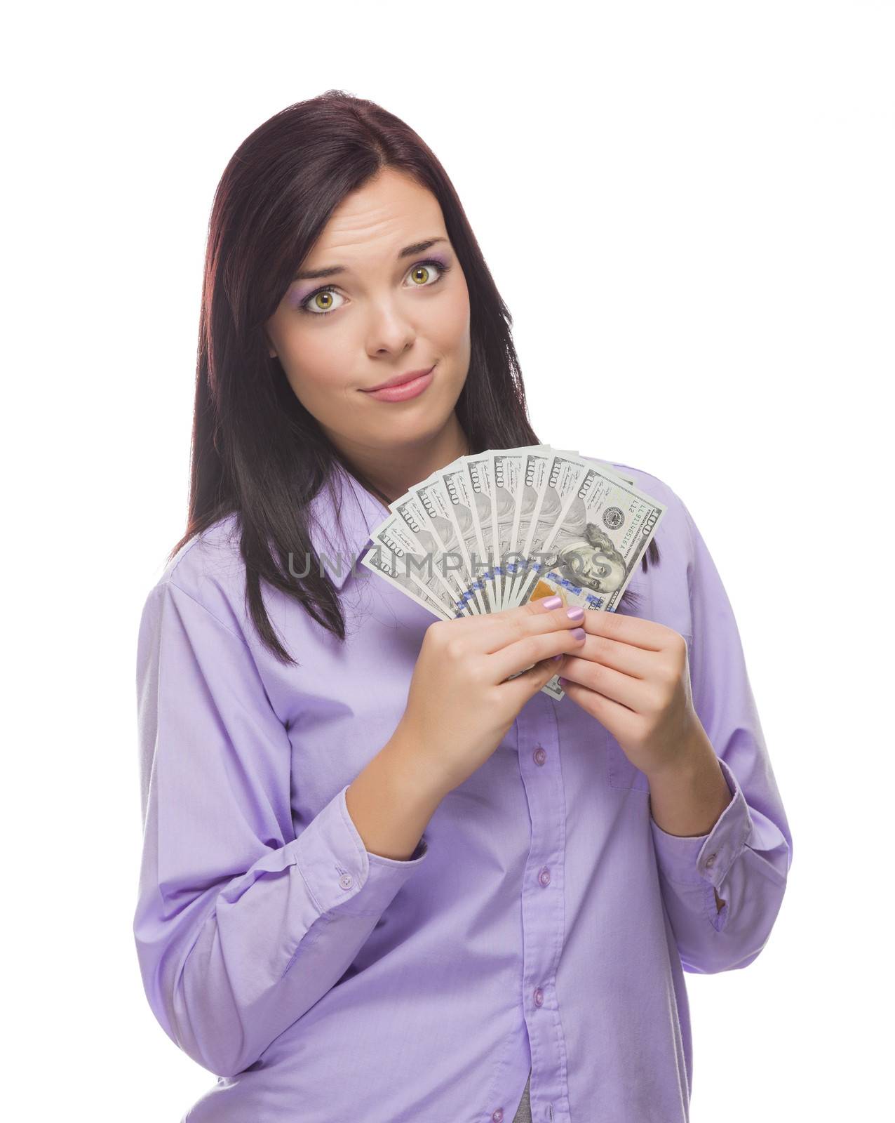 Excited Mixed Race Woman Holding the Newly Designed United States One Hundred Dollar Bills Isolated on a White Background.