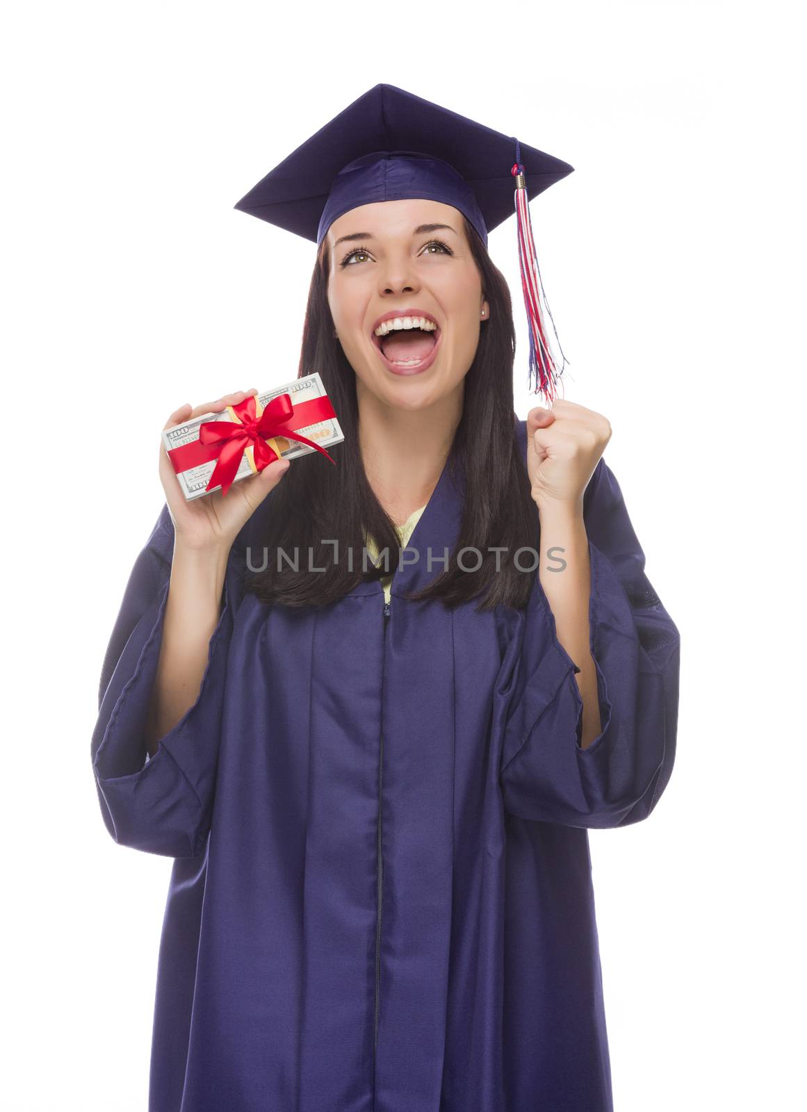 Female Graduate Holding Stack of Gift Wrapped Hundred Dollar Bil by Feverpitched