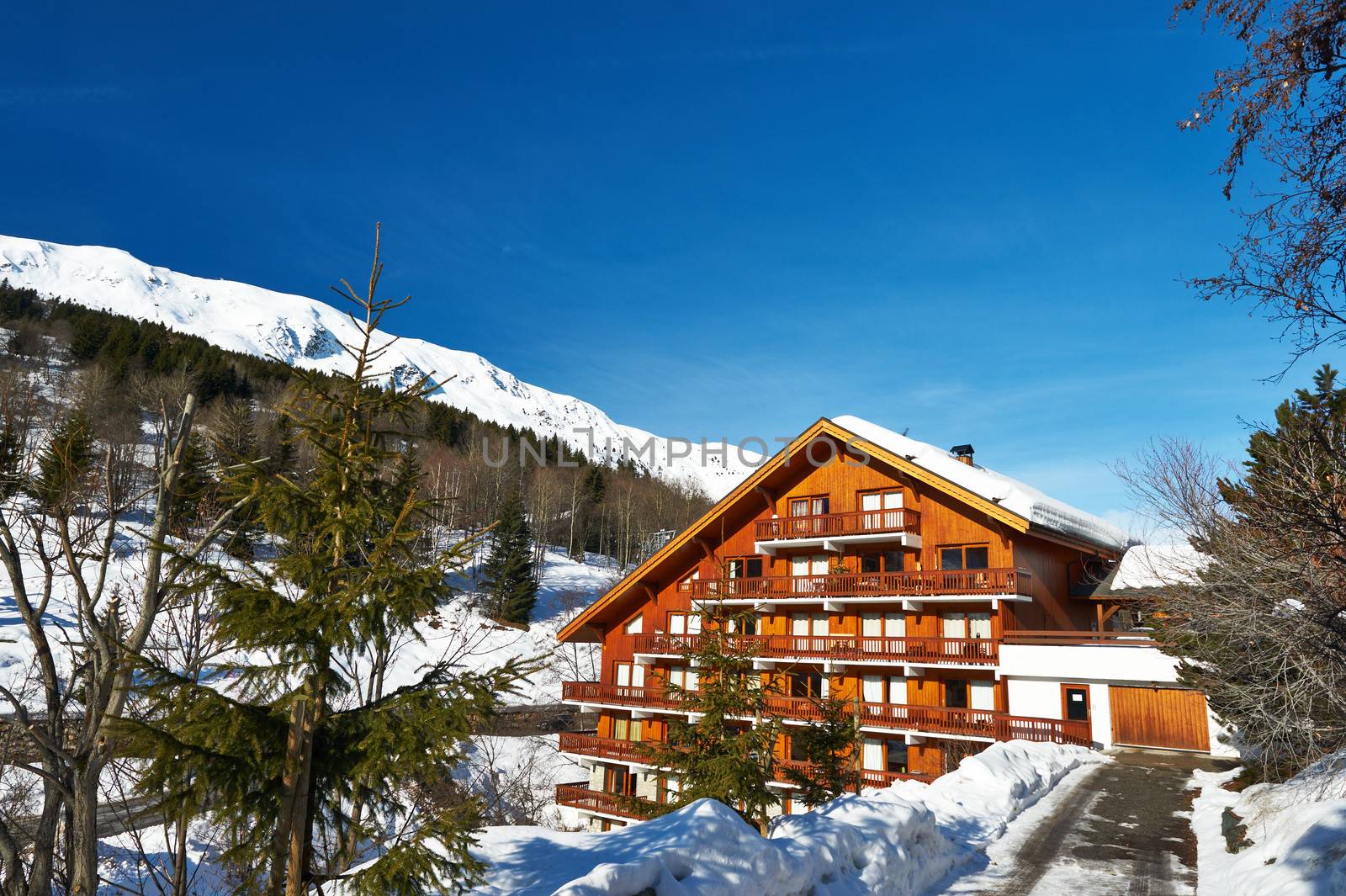 Mountain ski resort with snow in winter, Meribel, Alps, France