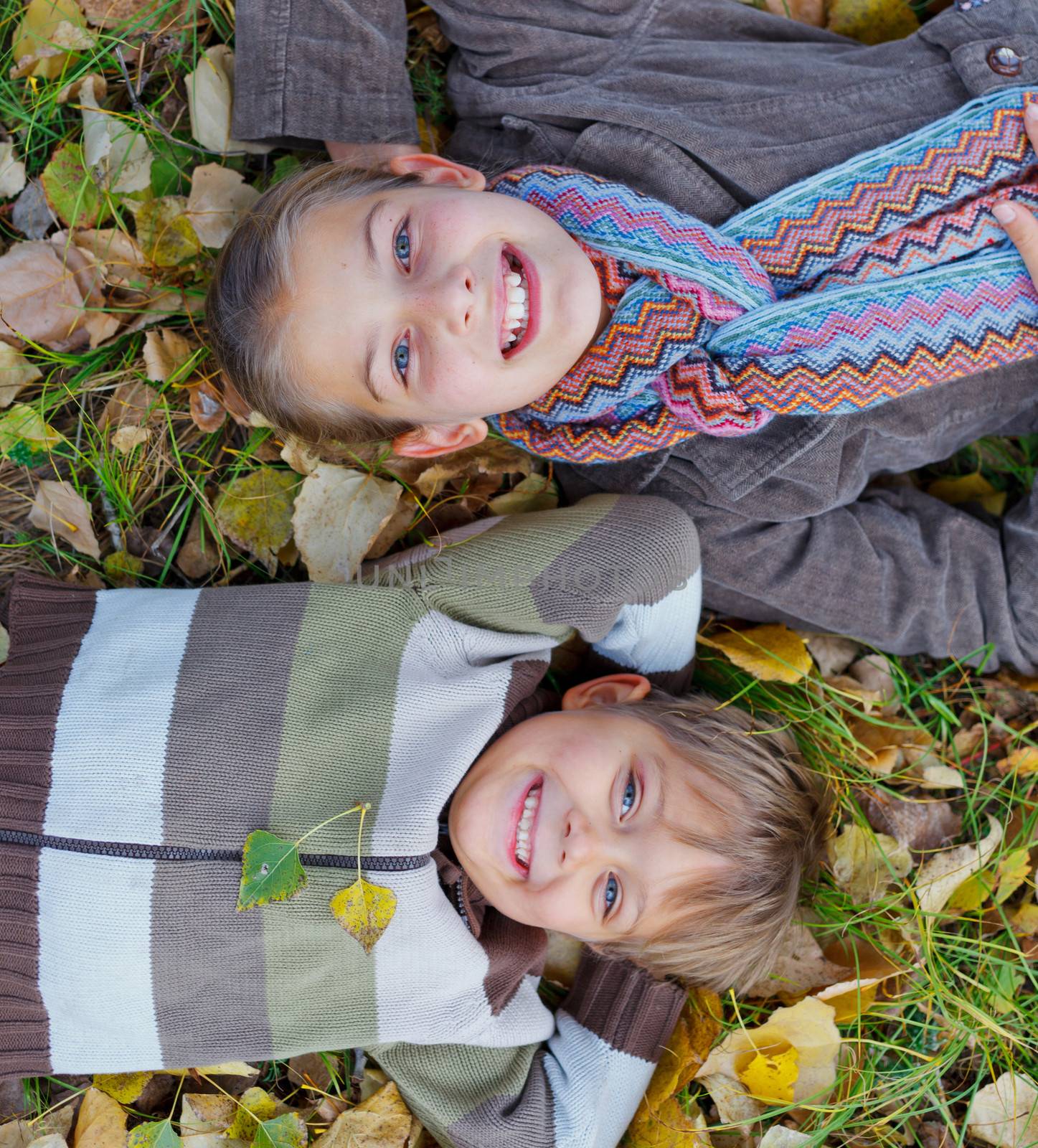 Happy kids lying on autumnal ground covered with dry leaves