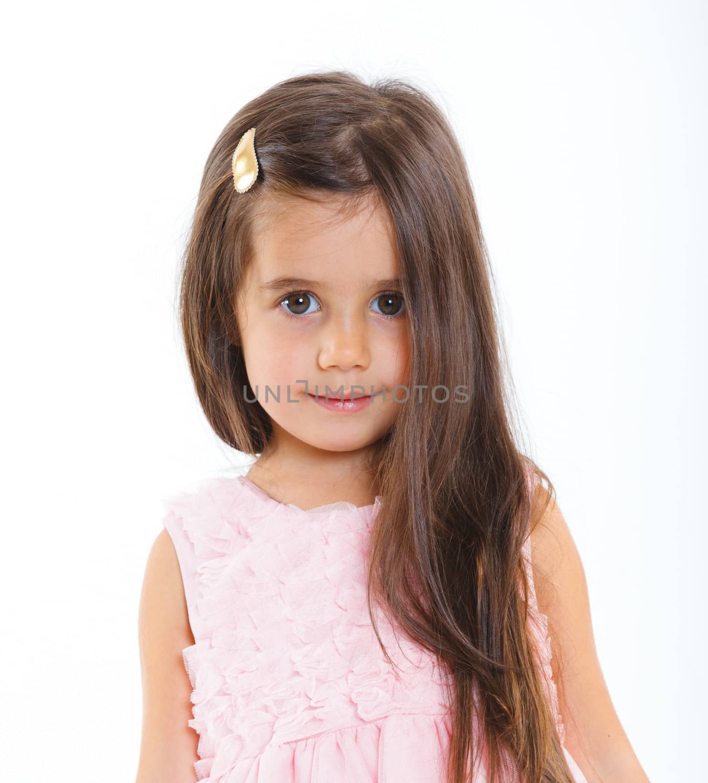 Beautiful little girl happy smiling on studio. Isolated white background