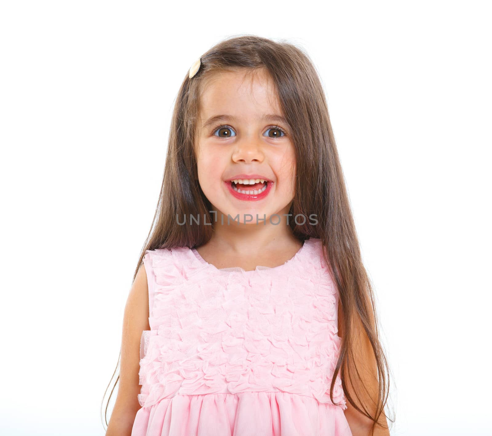 Beautiful little girl happy smiling on studio. Isolated white background