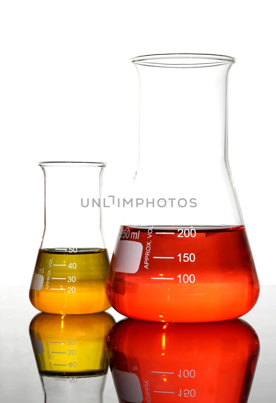 Laboratory flask with yellow and red solutions and reflection