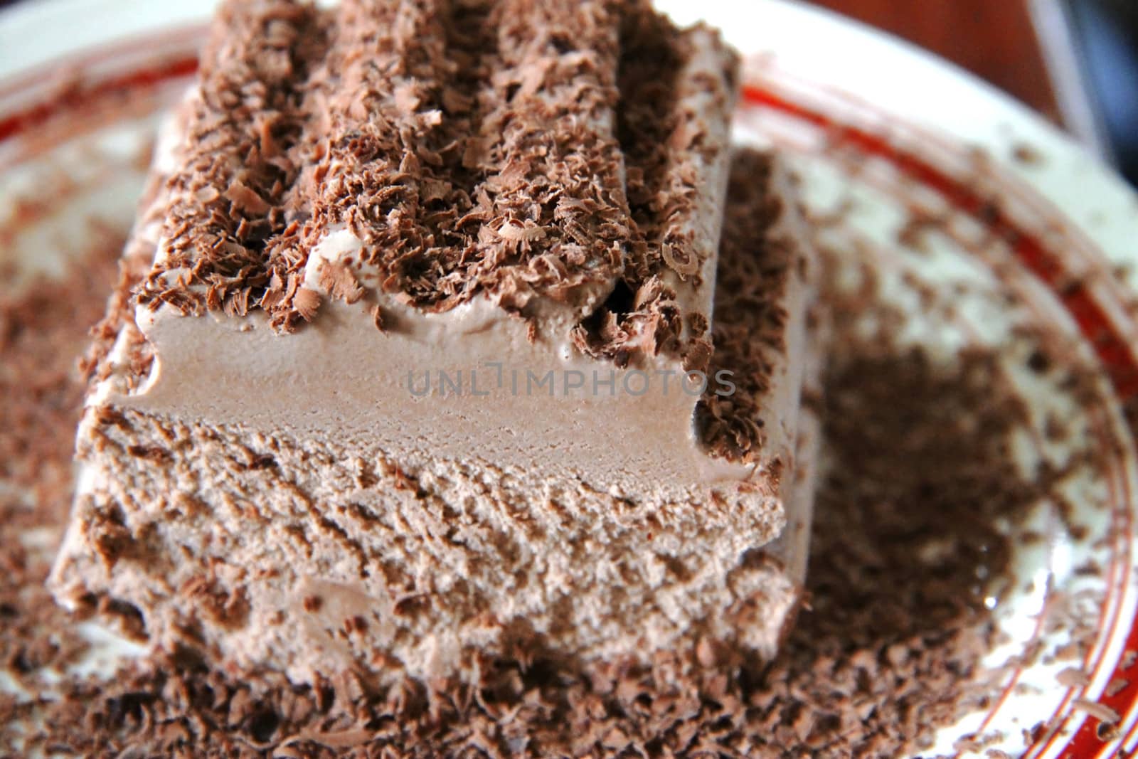 Chocolate ice cream and hardered chocolate over