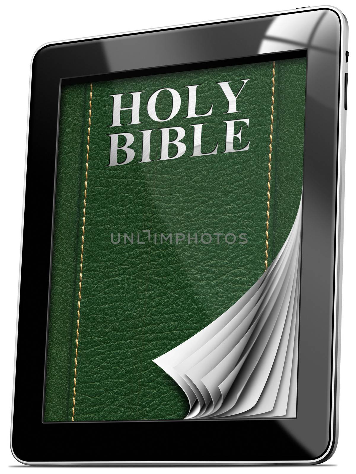 Tablet computer with pages and monitor and leather cover with the words Holy Bible
