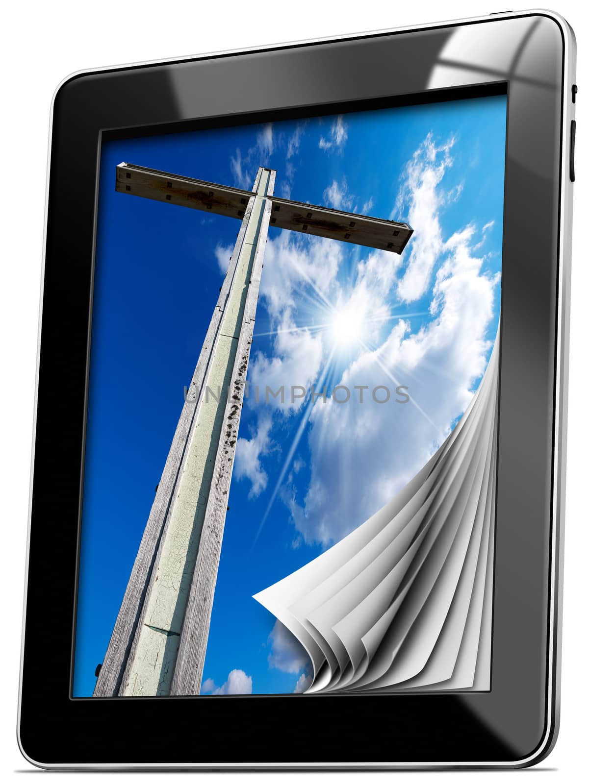 Tablet computer with pages and monitor with wooden high cross with blue sky, clouds and reflection
