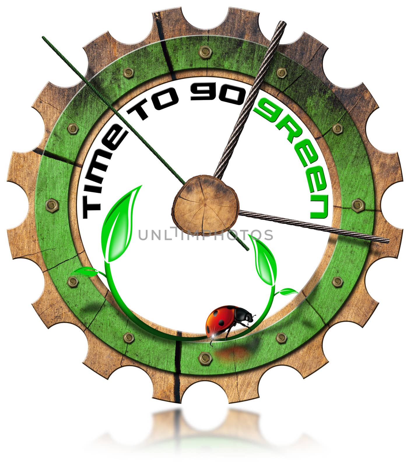 Wooden clock gear-shaped with written time to go green, leaves and ladybug