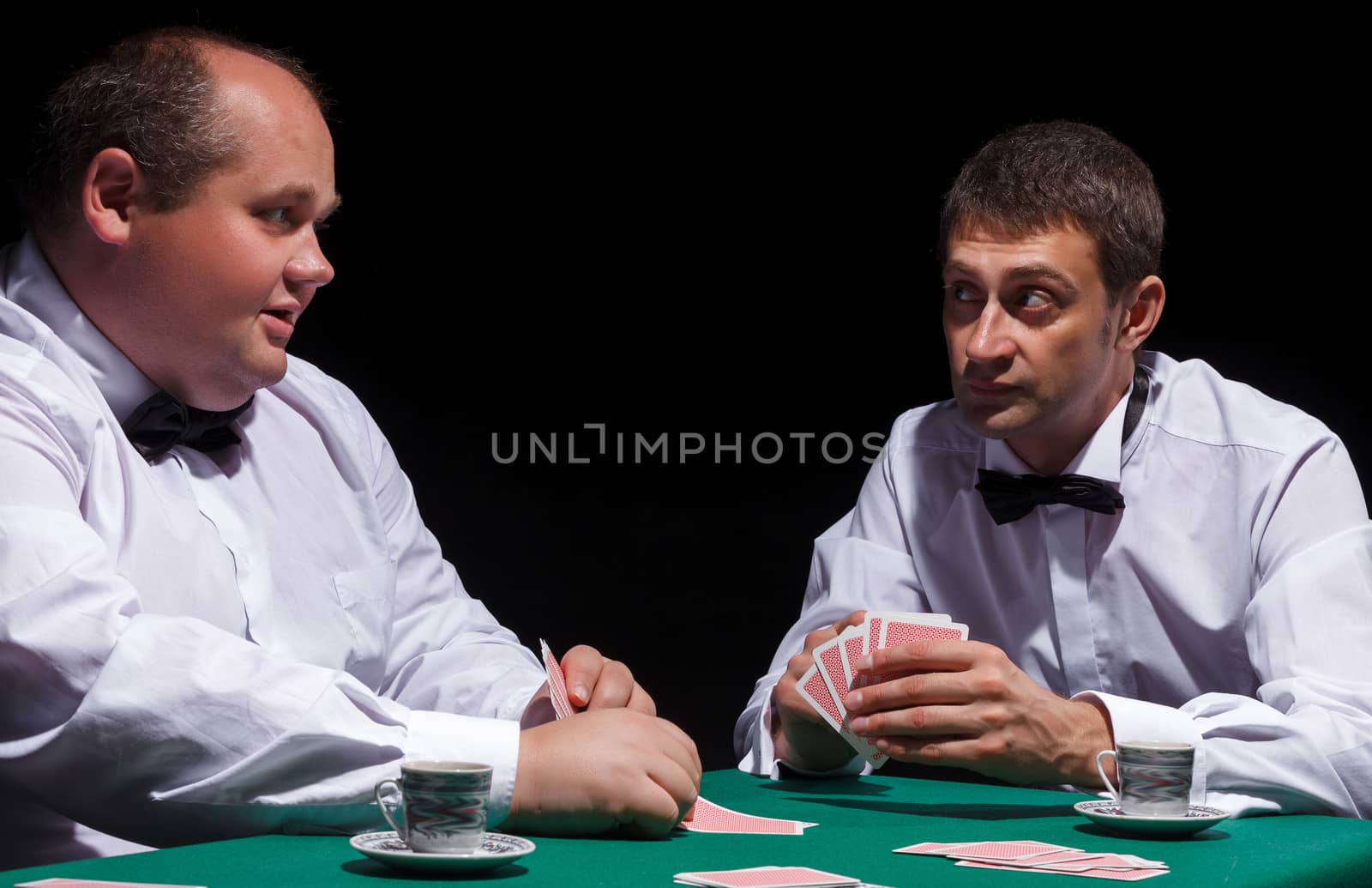 Two gentlemen in white shirts, playing cards by Discovod