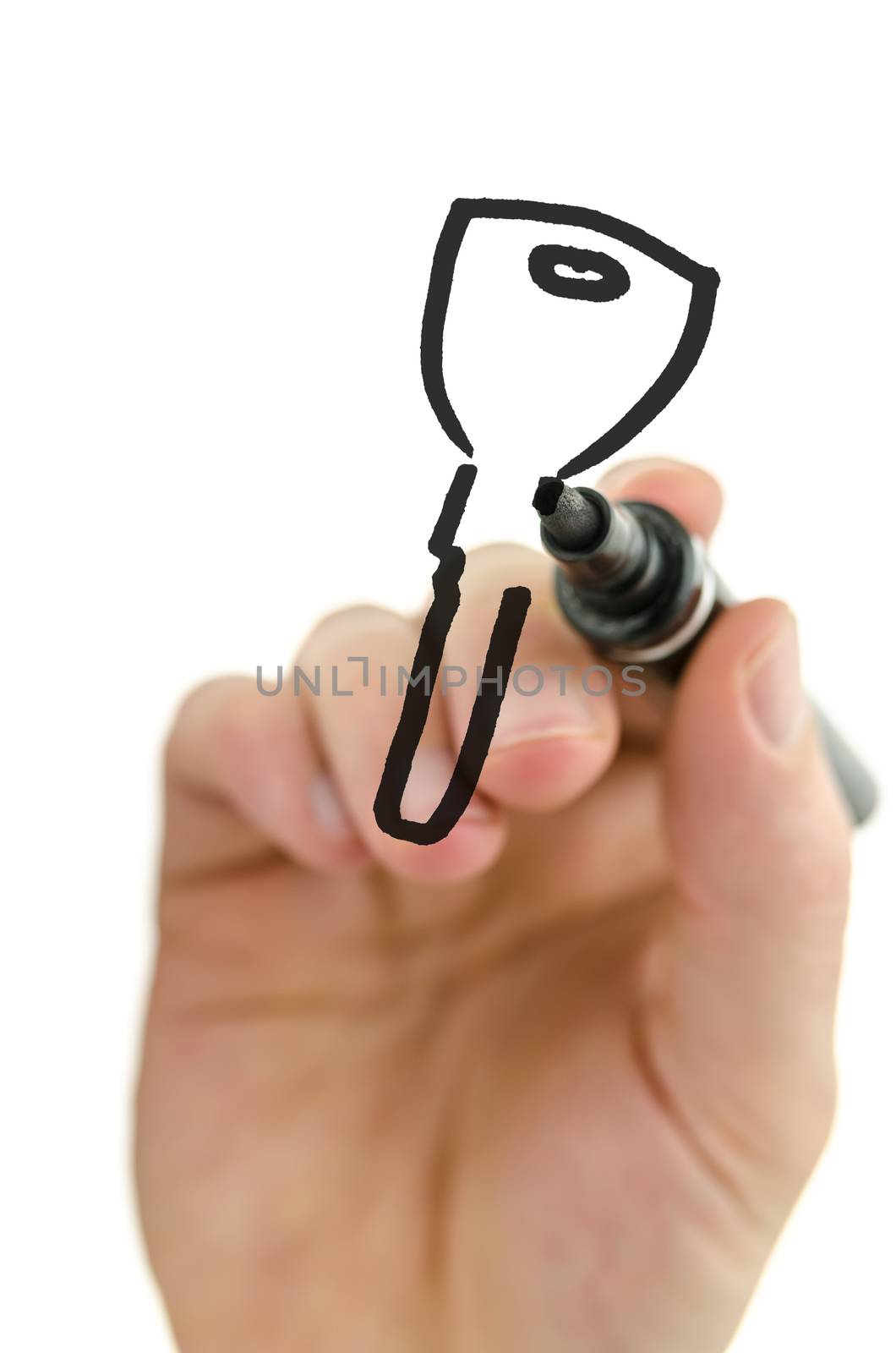 Male hand drawing house key with black marker on virtual whiteboard.