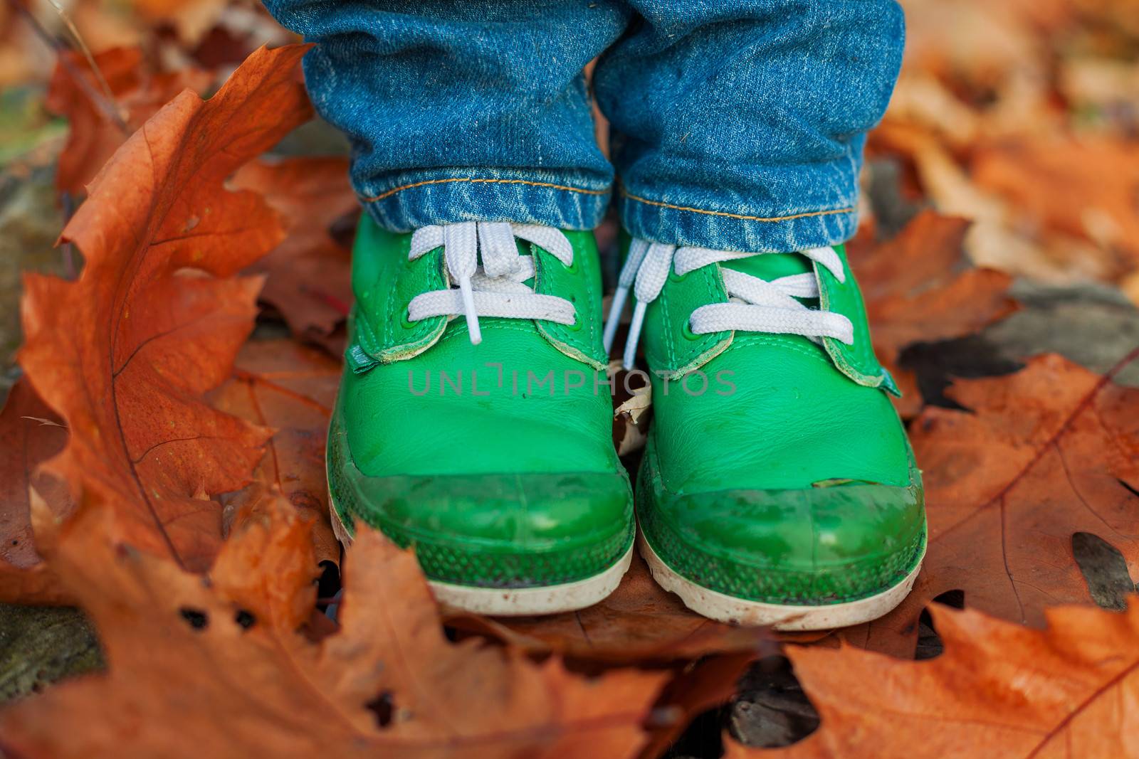 Green leather kids boots and yellow leaves