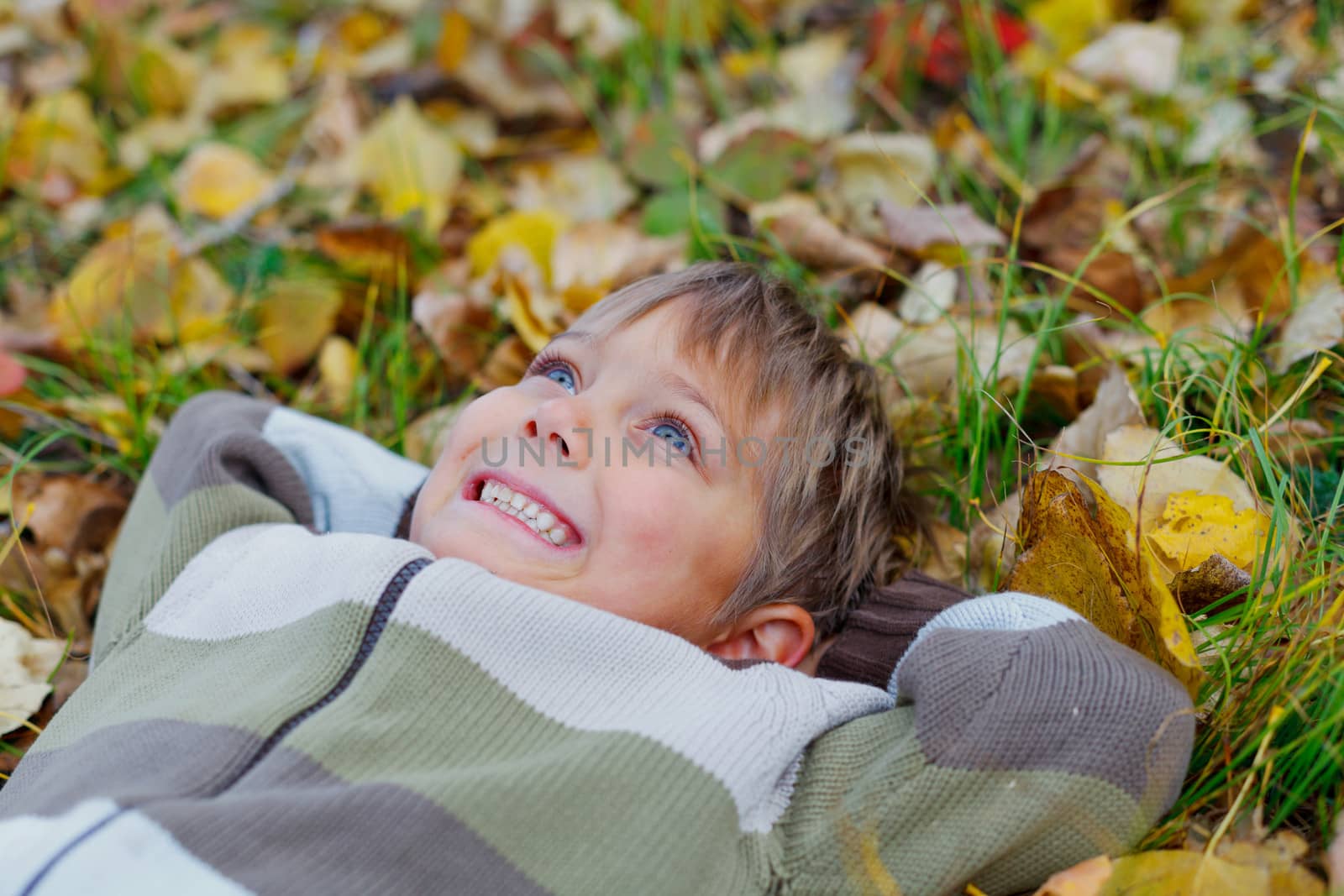 Portrait of happy boy lying on autumnal ground covered with dry leaves
