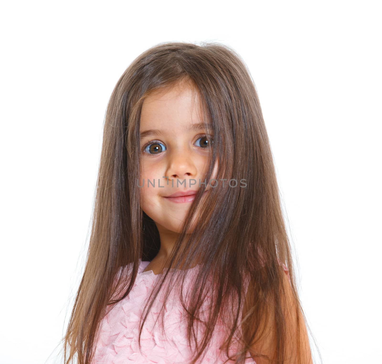 Beautiful little girl happy smiling on studio. Isolated white background