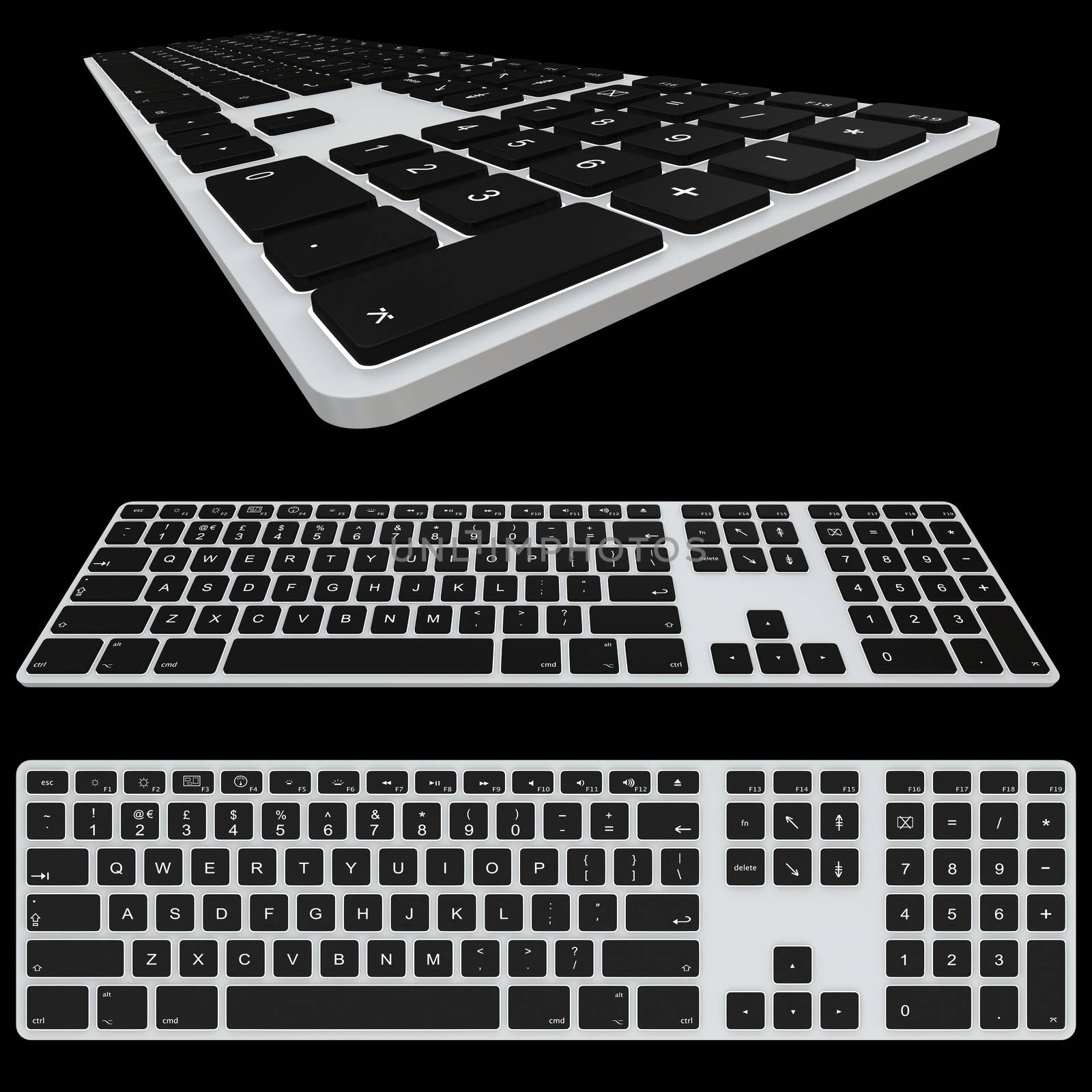 Computer keyboard isolated on dark background. Top view, frontal view and close up.
