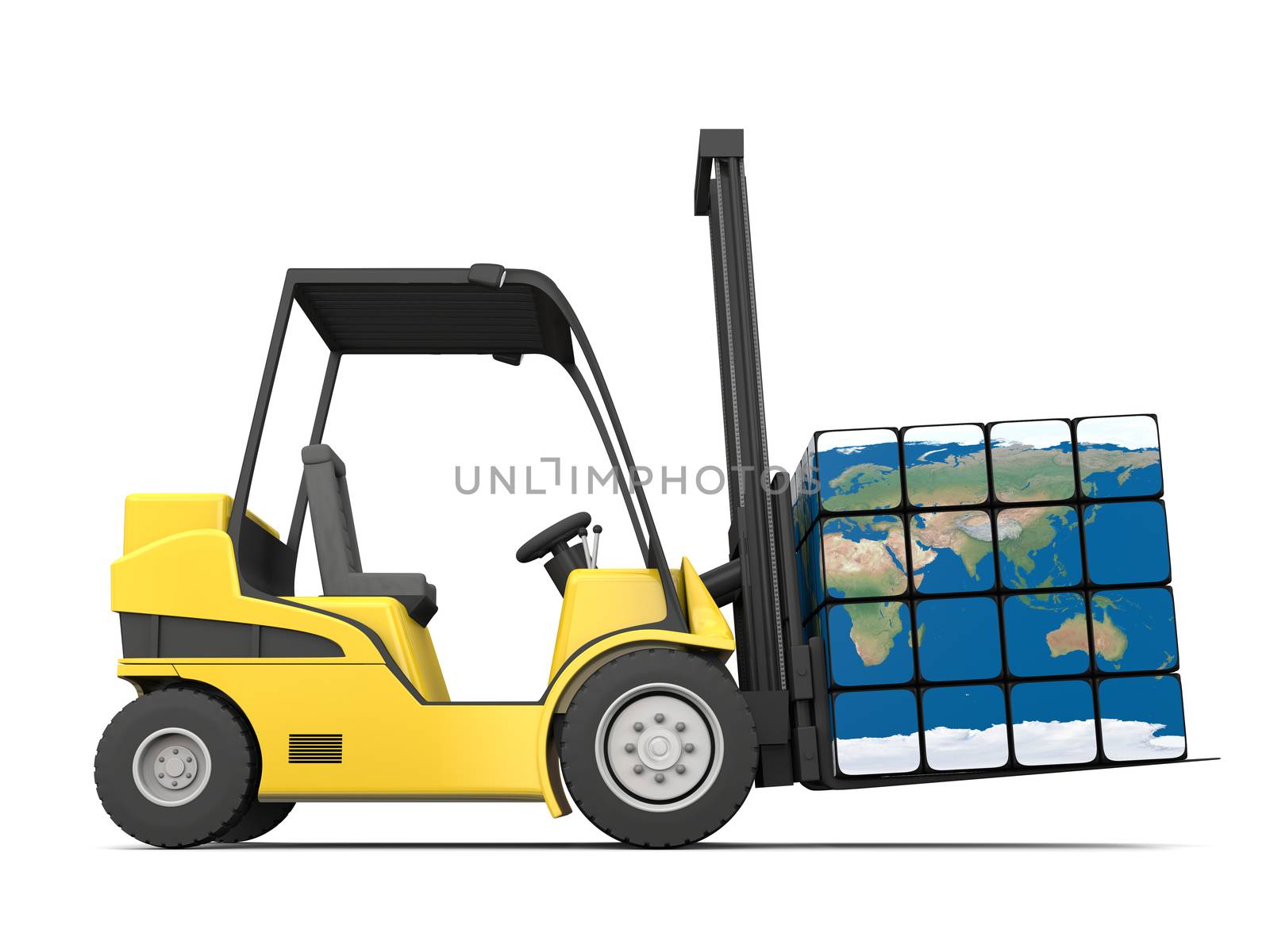 Concept of global transportation, modern yellow forklift carrying planet Earth in form of cube, isolated on white background. Elements of this image furnished by NASA.