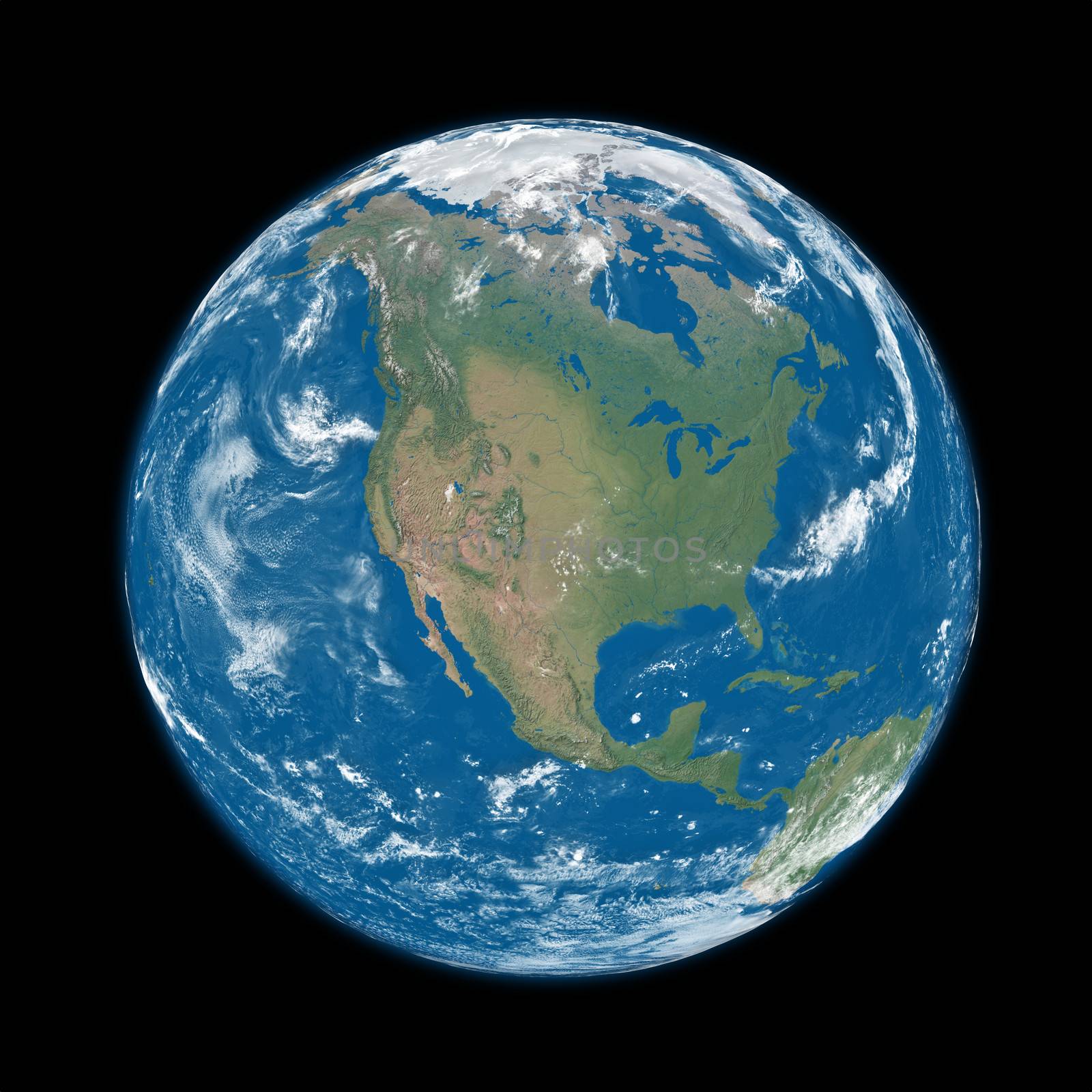 North America on blue planet Earth isolated on black background. Elements of this image furnished by NASA.