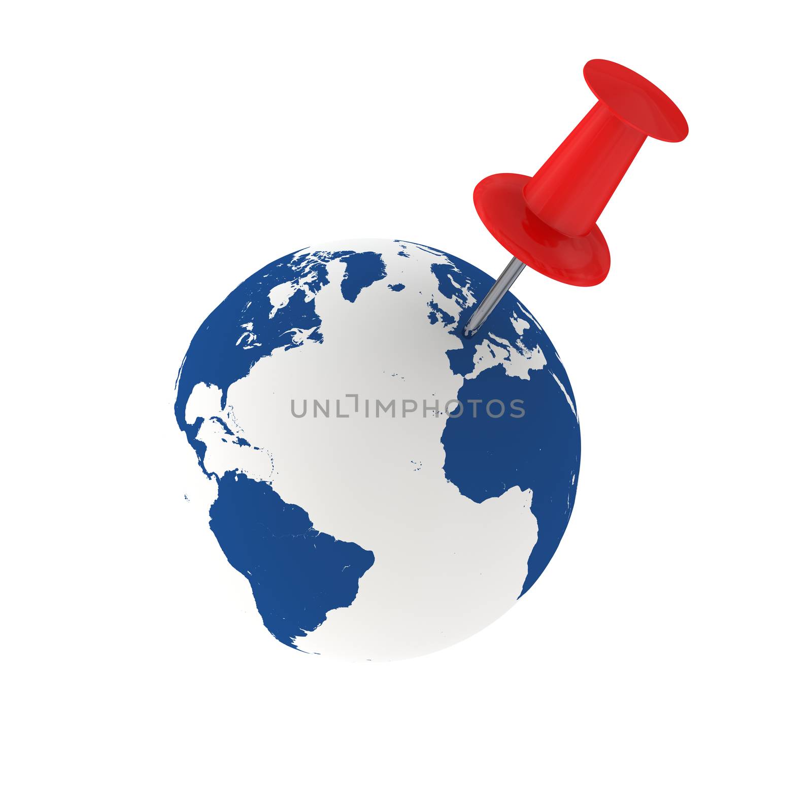Red pin on Europe isolated on white background. Elements of this image furnished by NASA.
