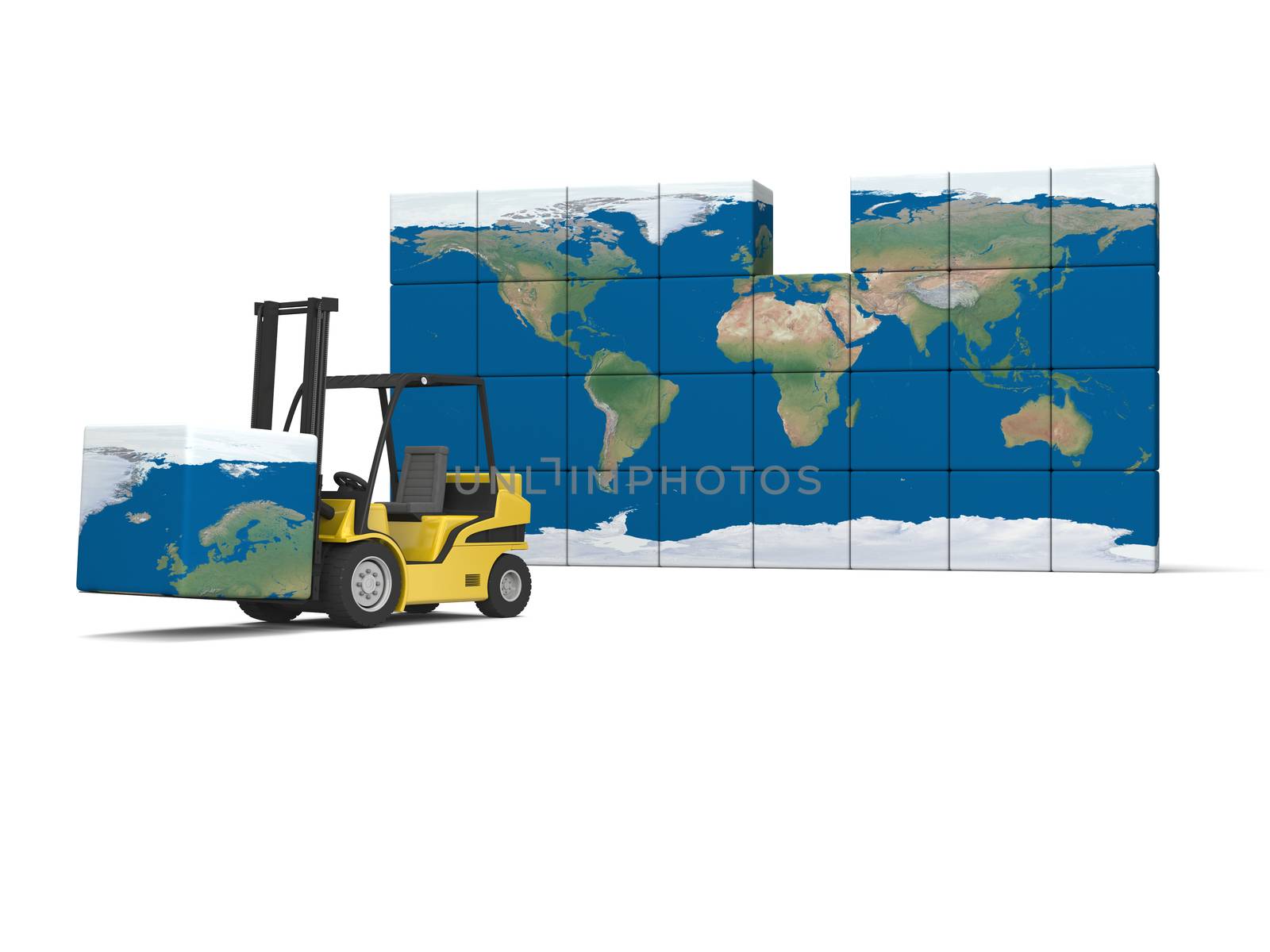 Concept of International logistics, modern yellow forklift carrying piece of global map, isolated on white background. Elements of this image furnished by NASA.