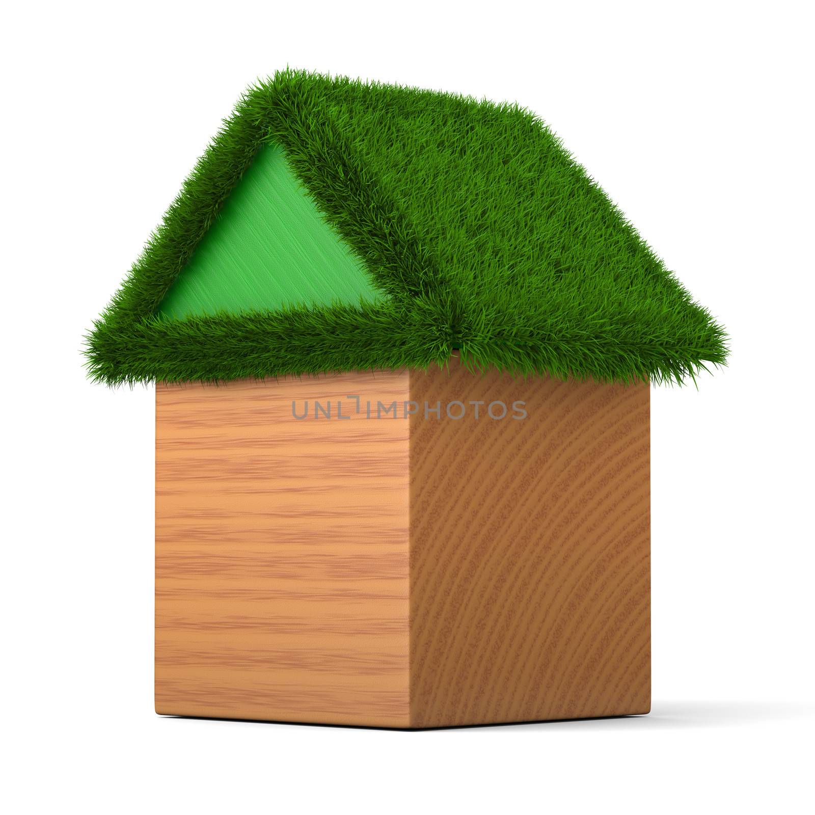 House with green roof made of wooden cubes isolated on white background