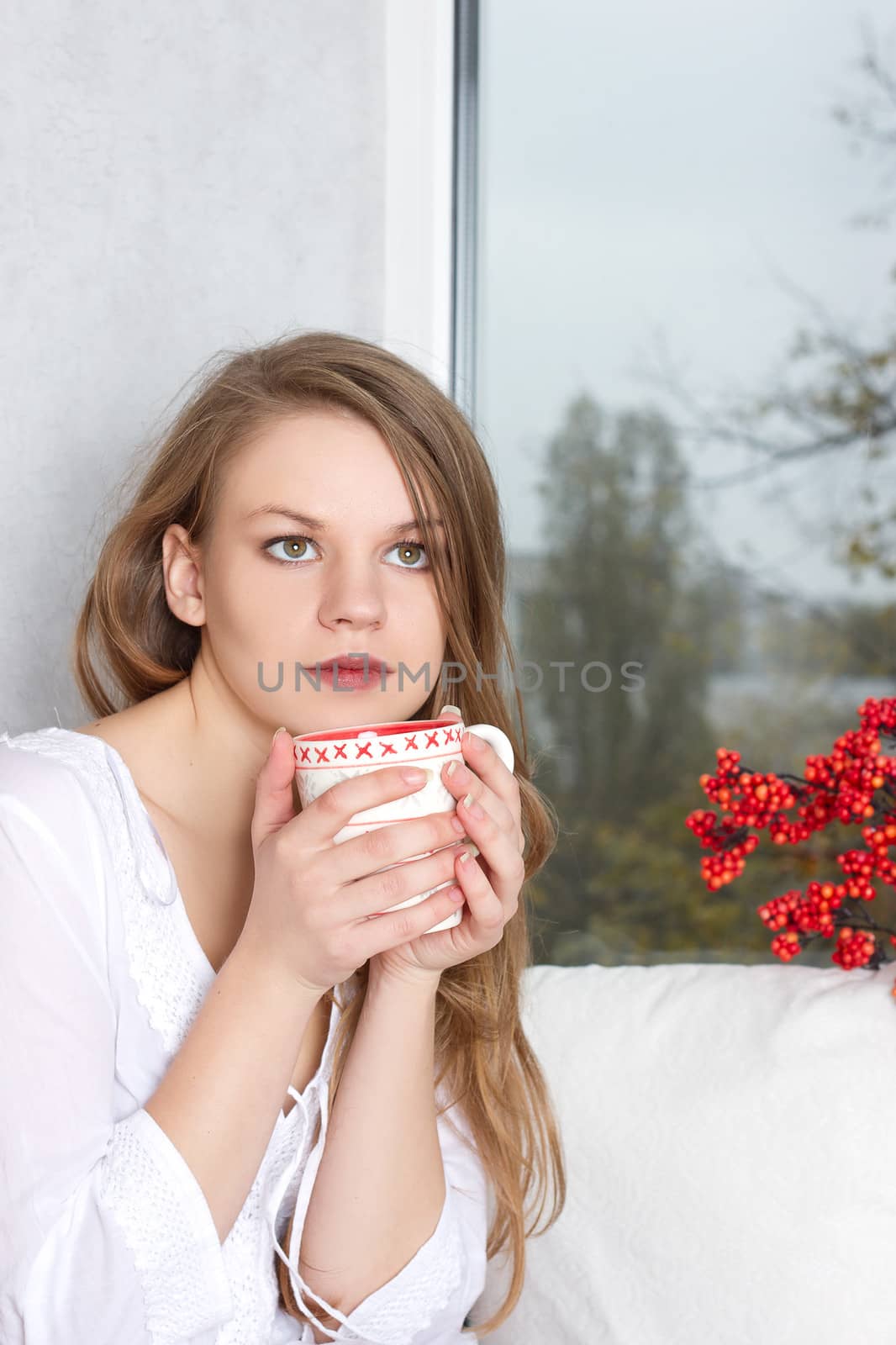 Portrait of charming girl in sweater holding cup and looking through window