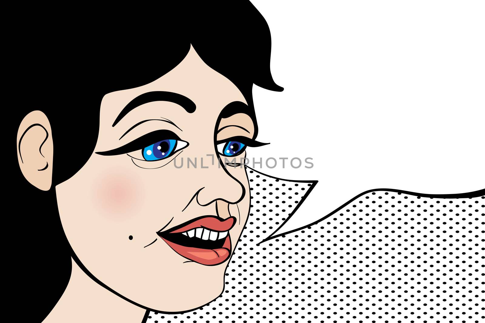 Hand drawn illustration of a girl speaking with a blank speech bubble, Pop Art style colored drawing over a background with dots