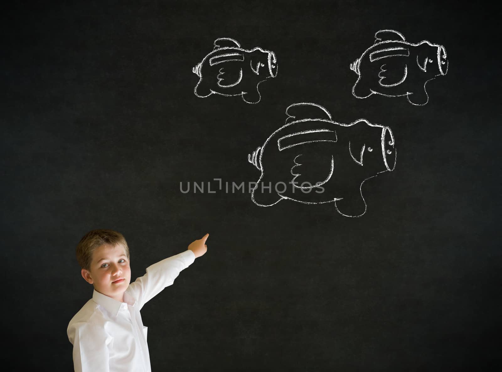 Young business boy with flying money piggy banks in chalk on blackboard background by alistaircotton