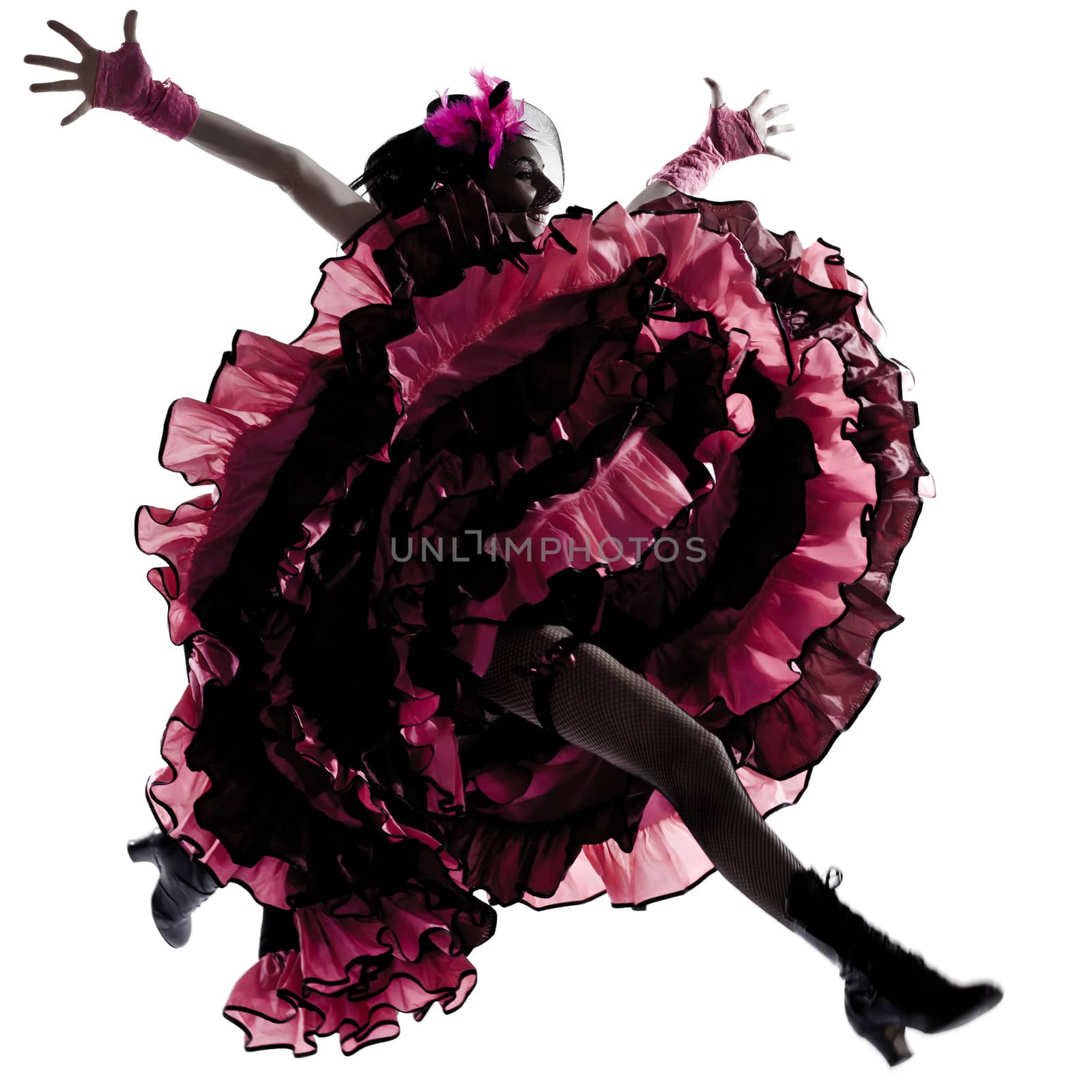 woman dancer dancing french cancan in studio isolated on white background