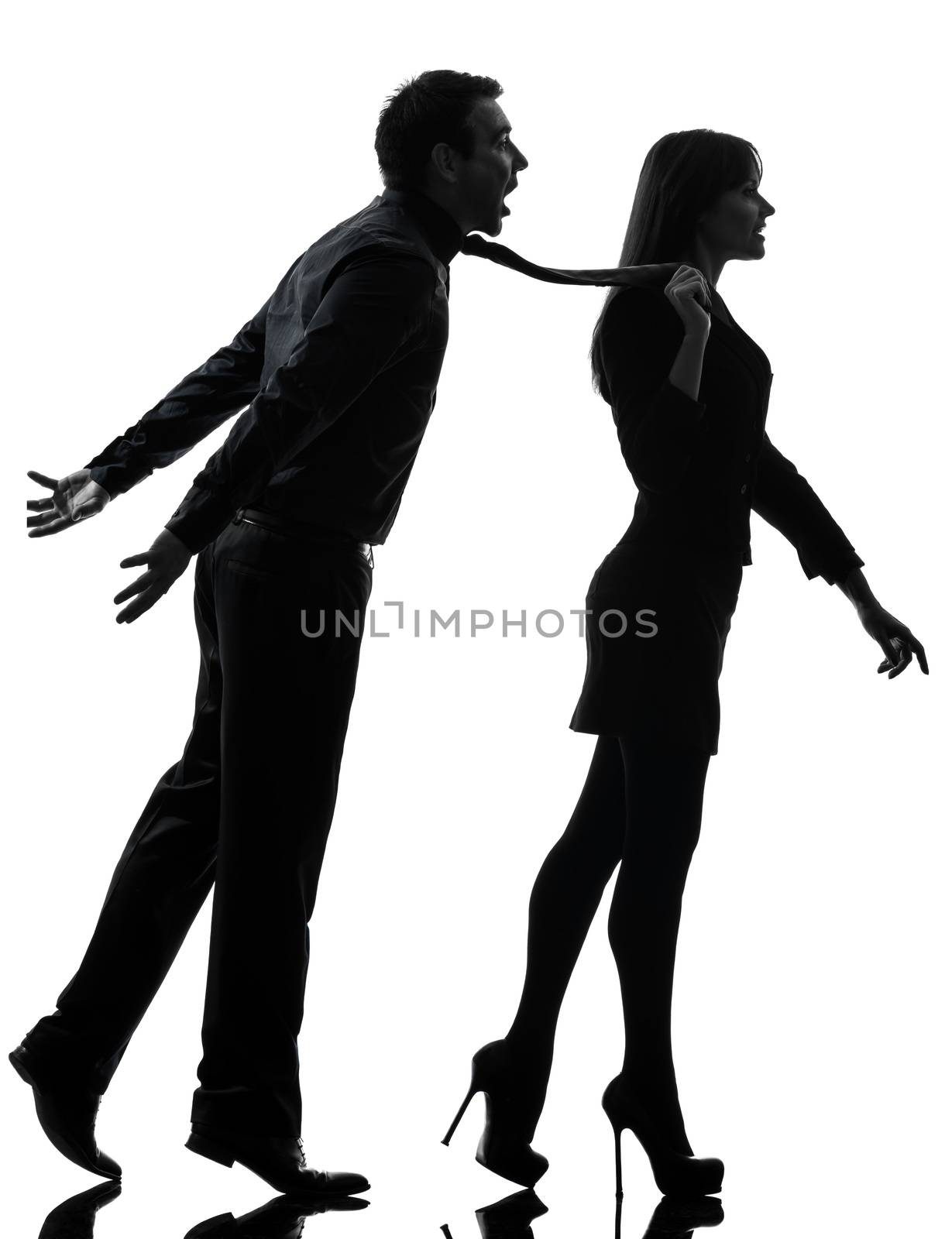 one caucasian couple woman seductress bonding concept  in silhouette studio isolated on white background