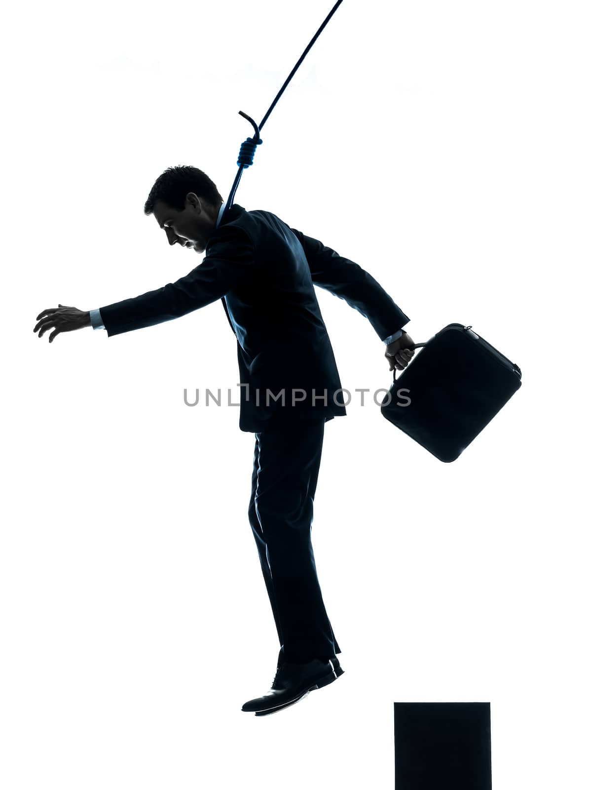 one caucasian man business man suicidal hanging  in silhouette studio isolated on white background