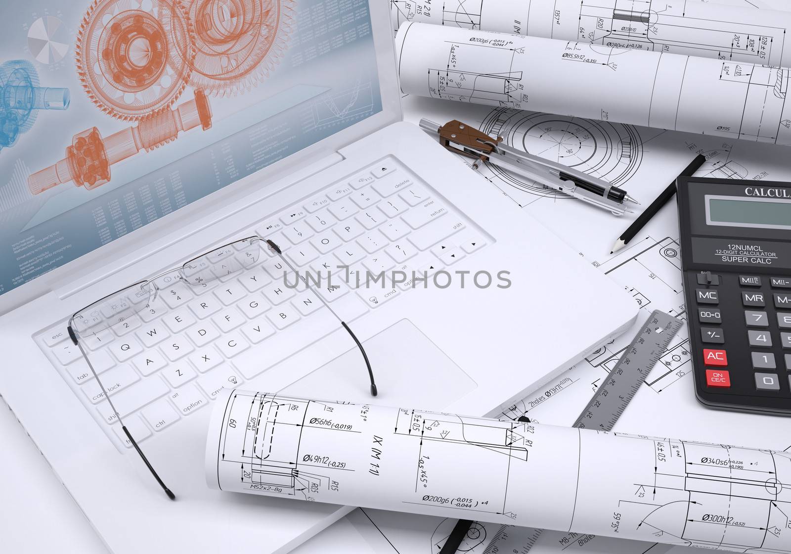 The book, calculator, paper and laptop. 3d rendering. The concept of new technologies