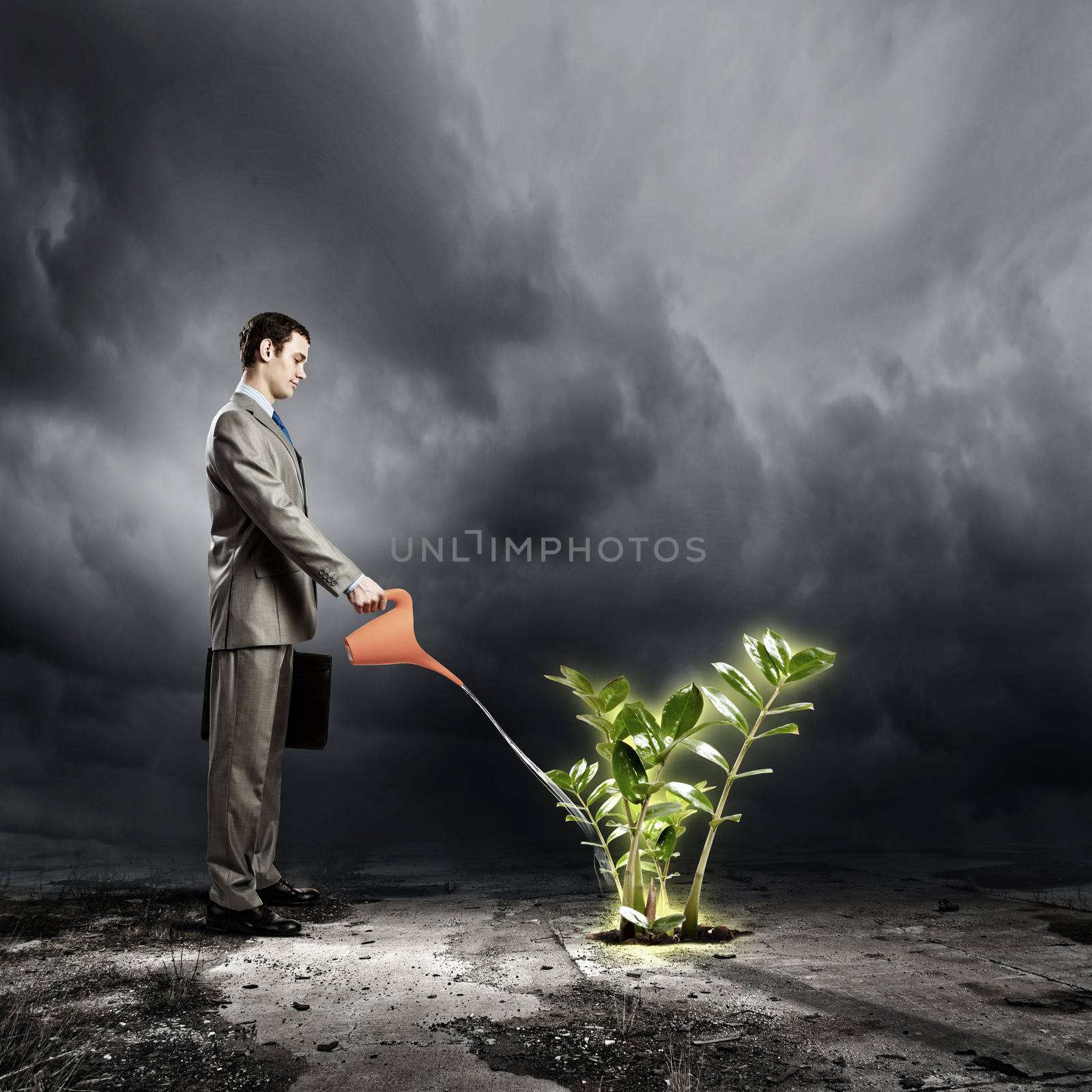 Image of businessman watering sprout with can