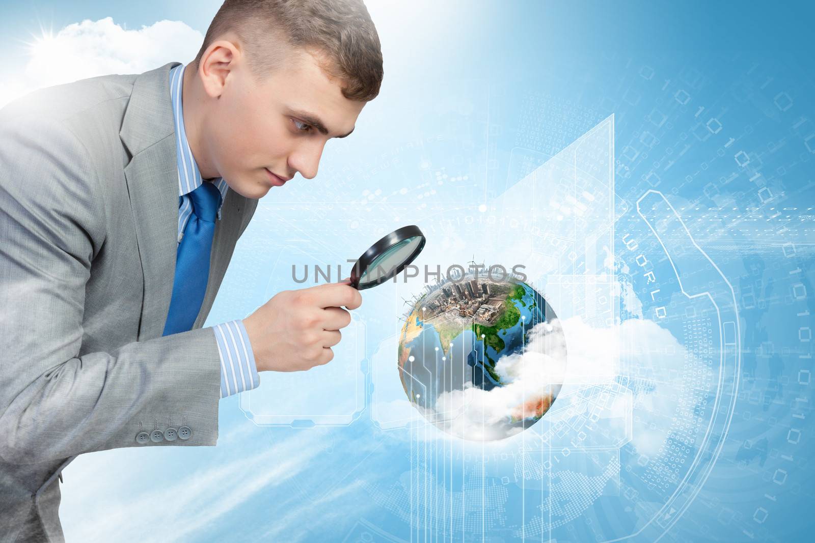 Image of businessman examining objects with magnifier. Elements of this image are furnished by NASA