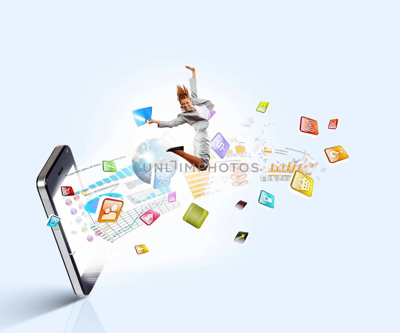 Image of businesswoman jumping out of mobile phone