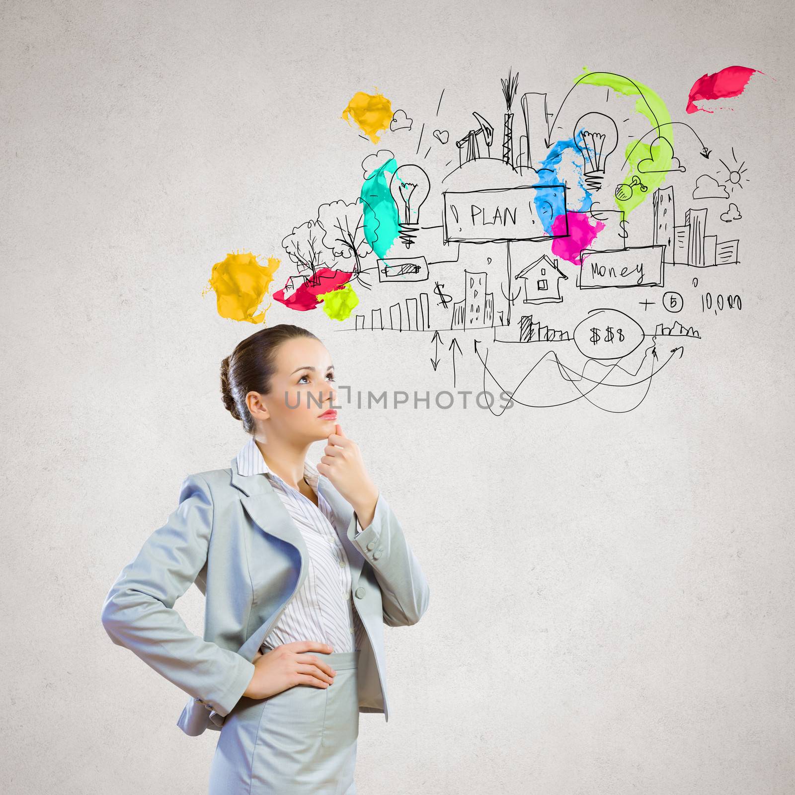 Image of thoughtful businesswoman with business sketch at background