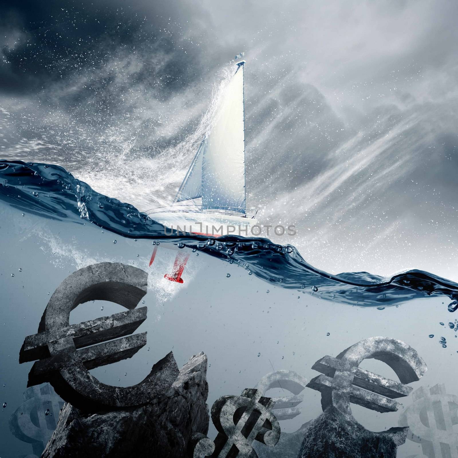 Sunken currency symbols with yacht floating above