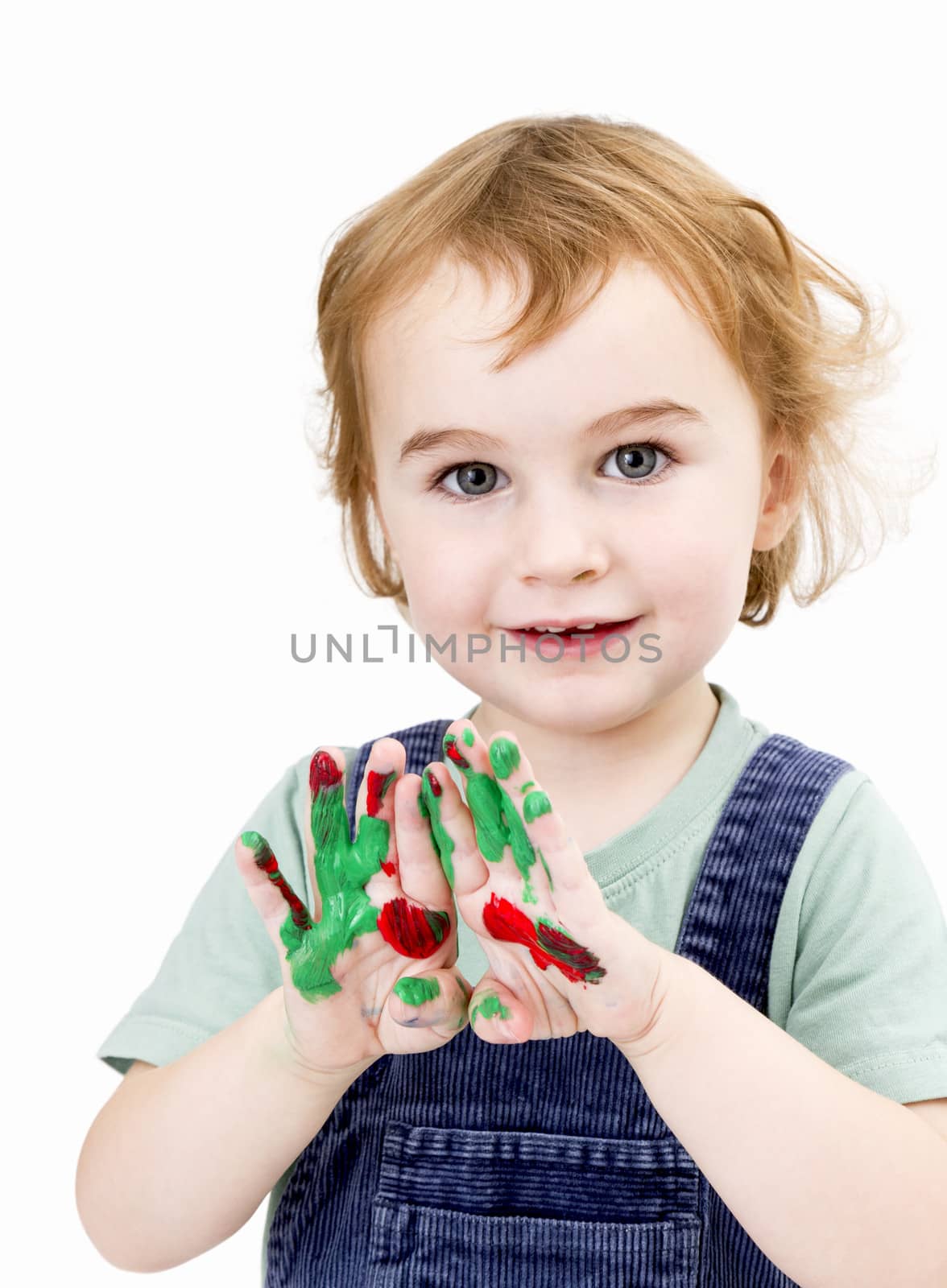 cute girl with finger paint in light grey background