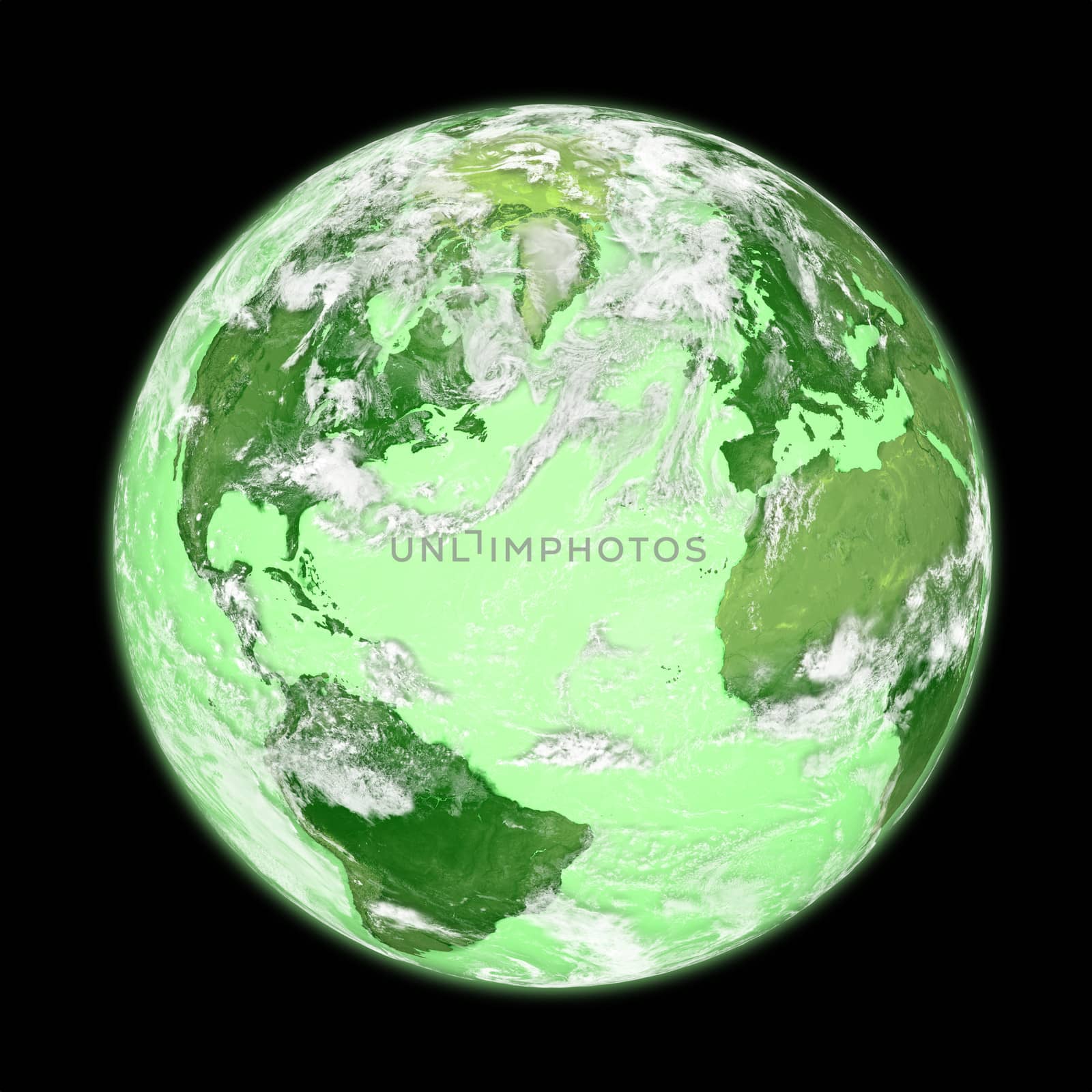 Green planet Earth with clouds isolated on black background. Elements of this image furnished by NASA.