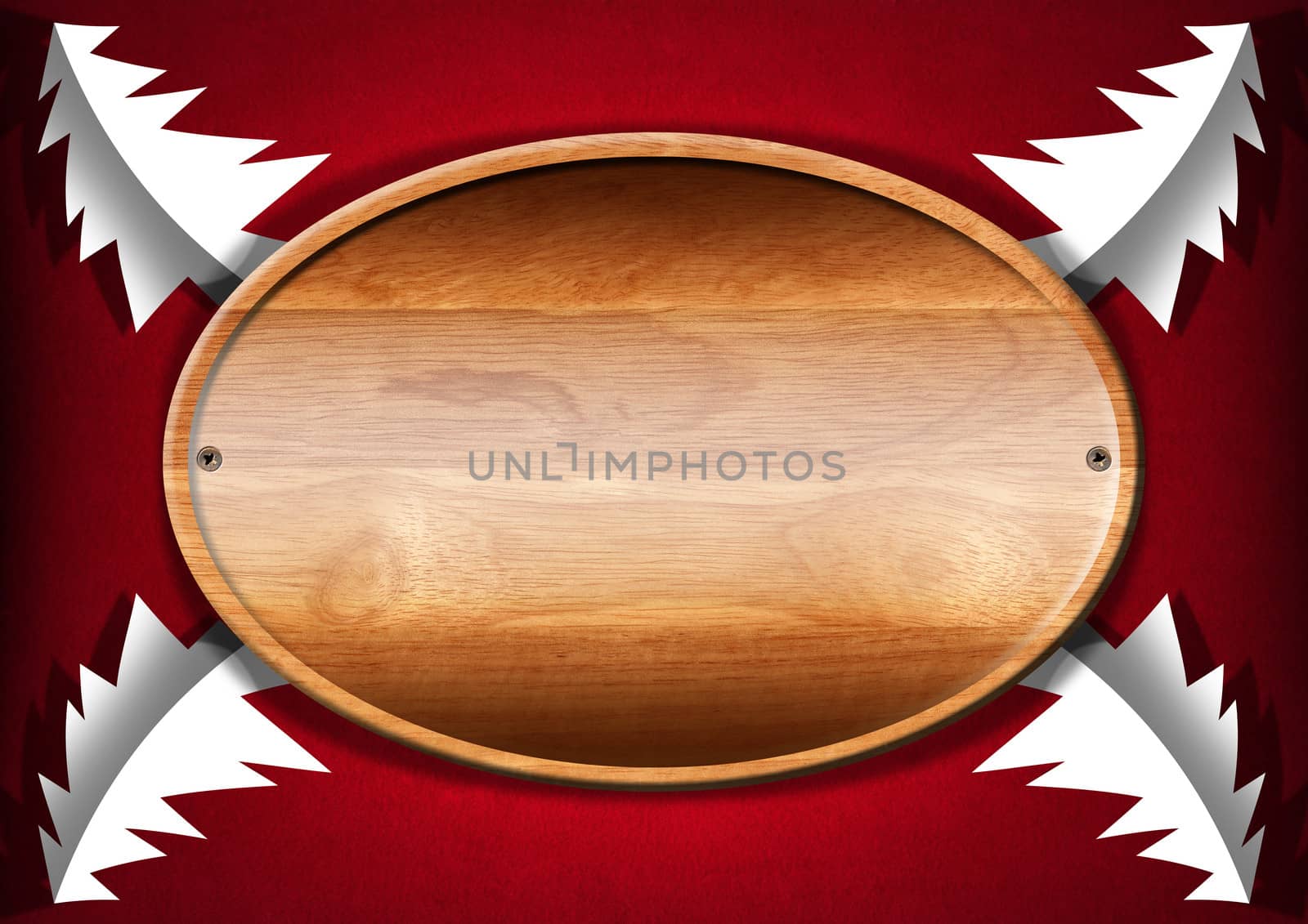 Wooden plate with four white and stylized Christmas tree on red velvet background
