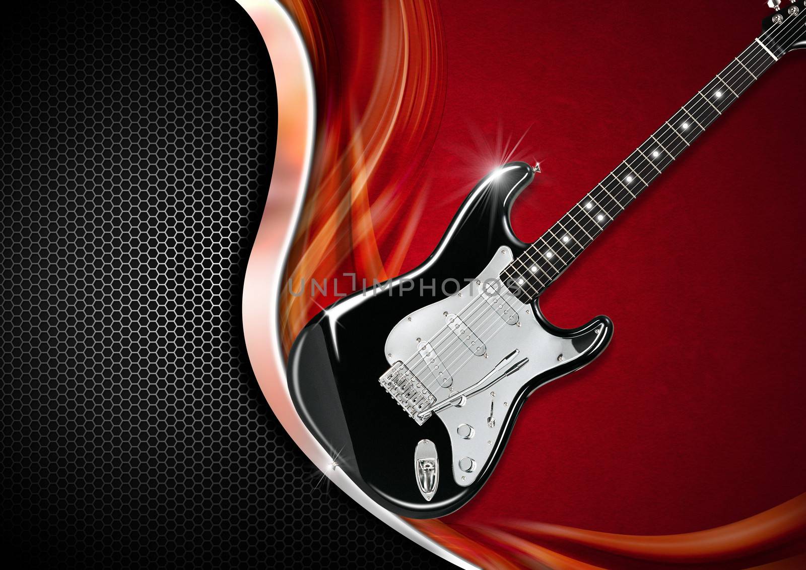 Electric Guitar on red velvet with metal wave and black background with hexagons