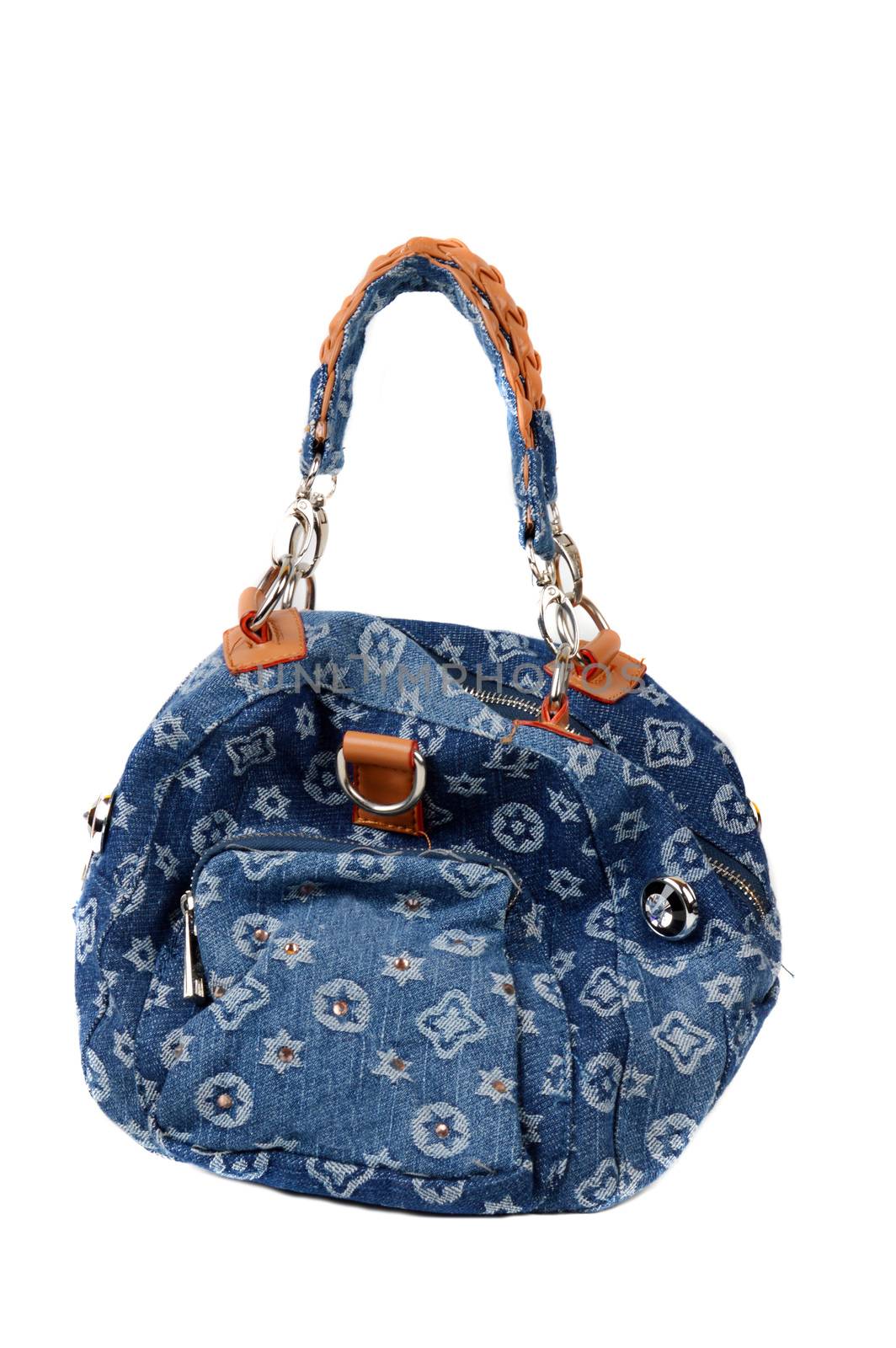 blue denim handbag on white background