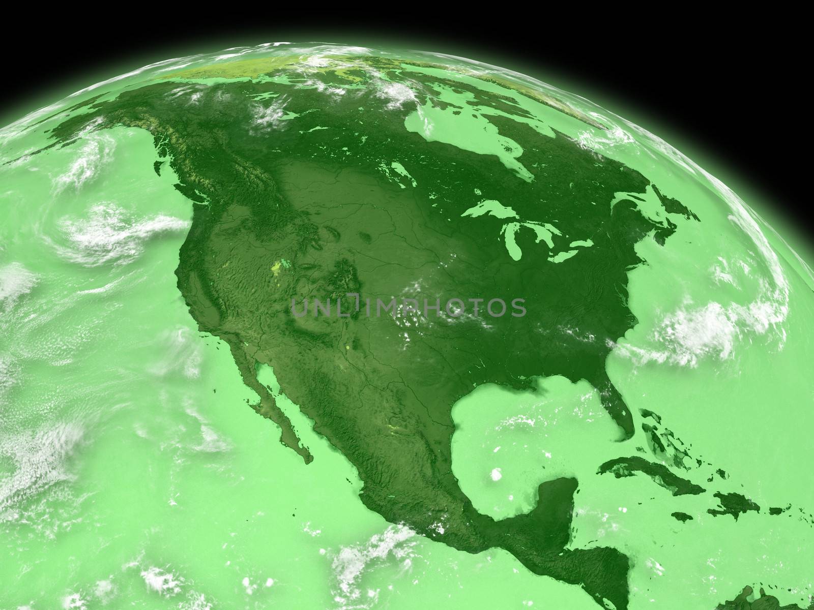North America on green planet Earth isolated on black background. Elements of this image furnished by NASA.