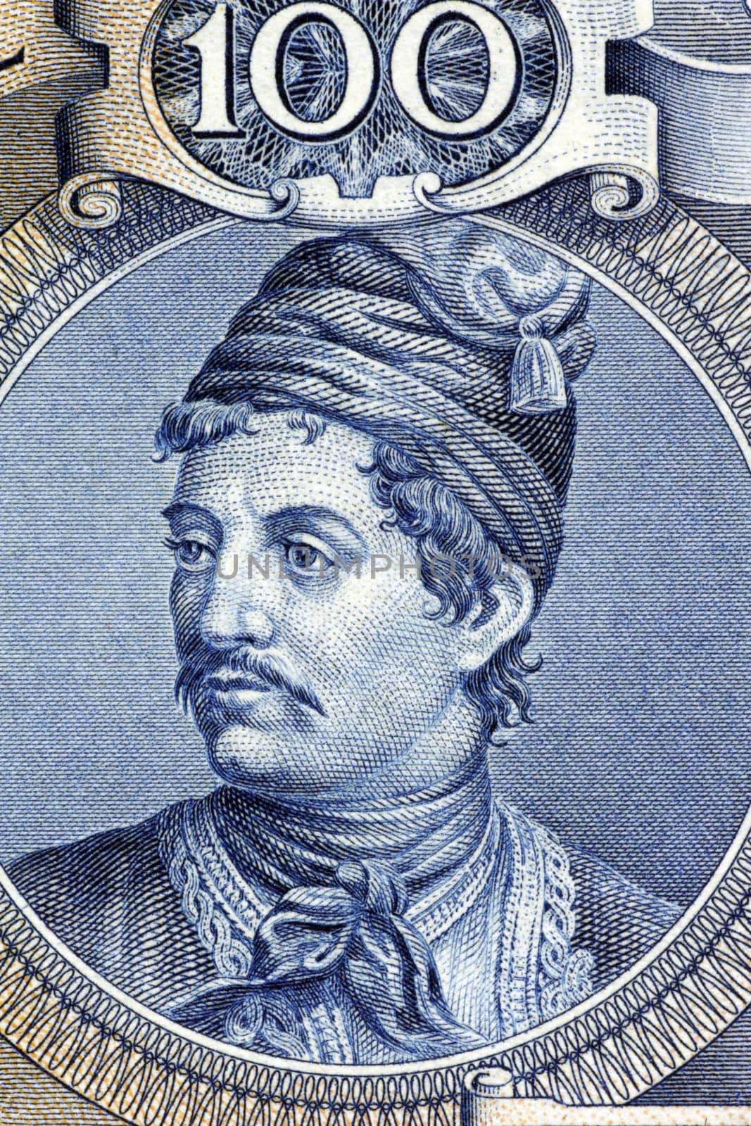 Constantine Kanaris (1793-1877) on 100 Drachmai 1944 Banknote from Greece. Greek Prime Minister, admiral and politician who in his youth was a freedom fighter in the Greek War of Independence.